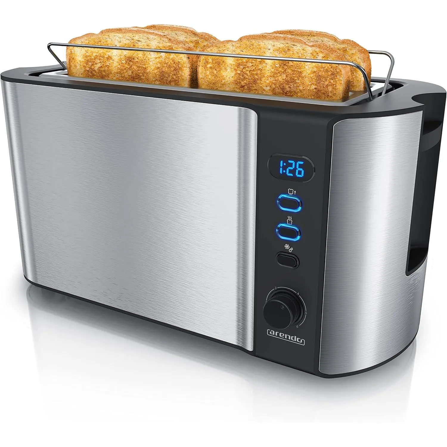 Arendo - Edelstahl Toaster Langschlitz 4 Scheiben - Defrost Funktion - wärmeisolierendes Gehäuse - mit integrierten Brö…