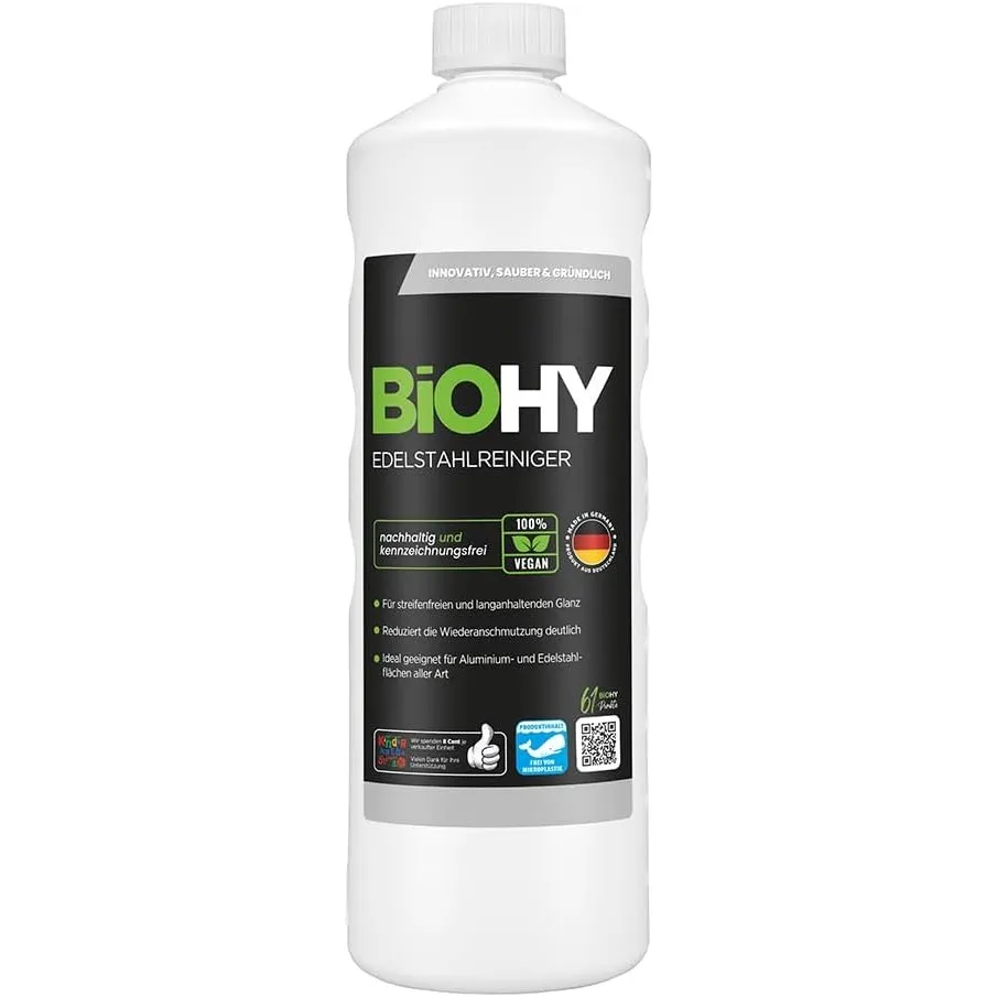 BiOHY Edelstahlreiniger (1l Flasche) | Edelstahlpflege für streifenfreien Glanz | ideal für Küche, Töpfe oder Grill | E…