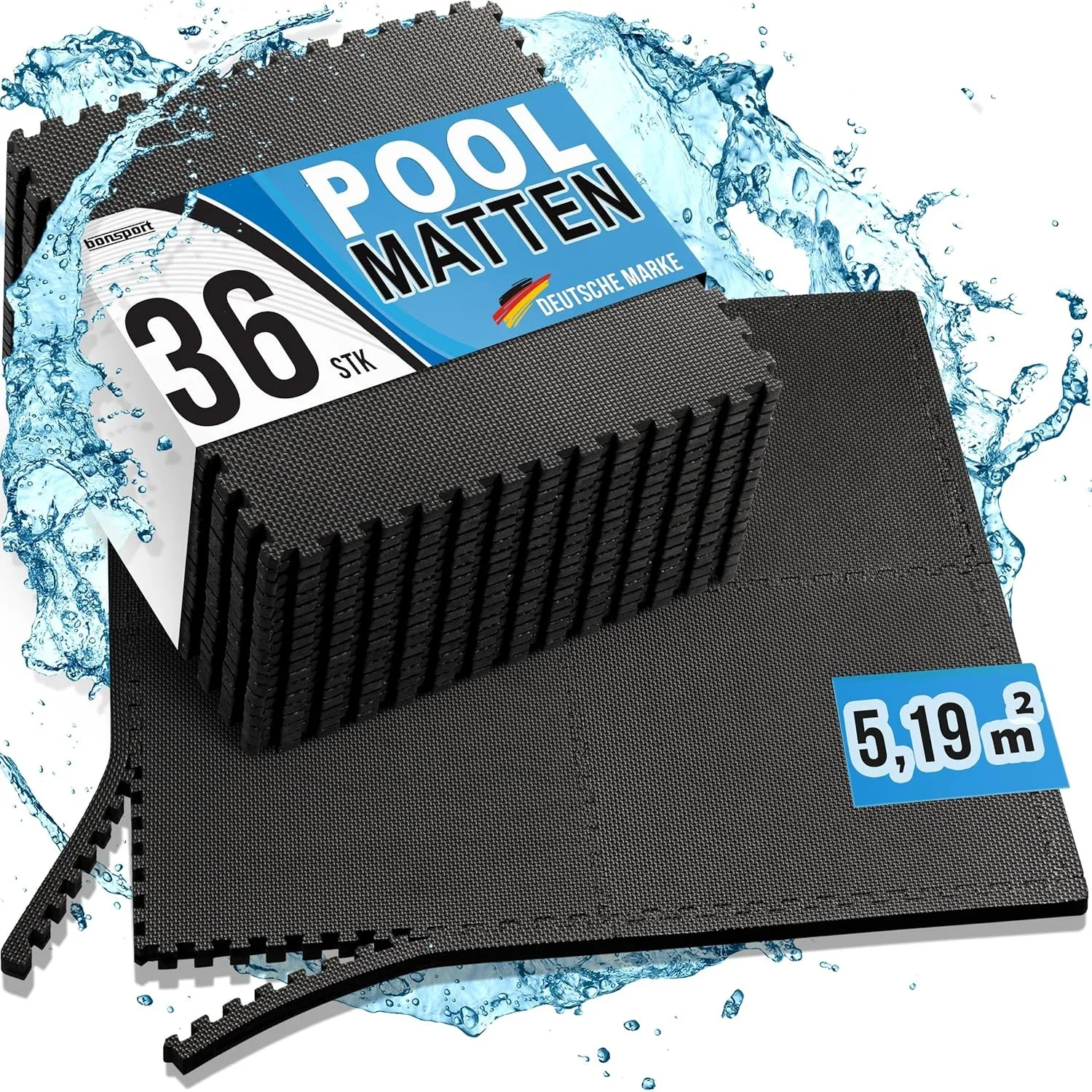bonsport Pool Unterlegmatte Poolmatte 36 Stück - INKL. GRATIS KESCHER 152cm - Bodenschutz Matte für den Pool/Planschbec…