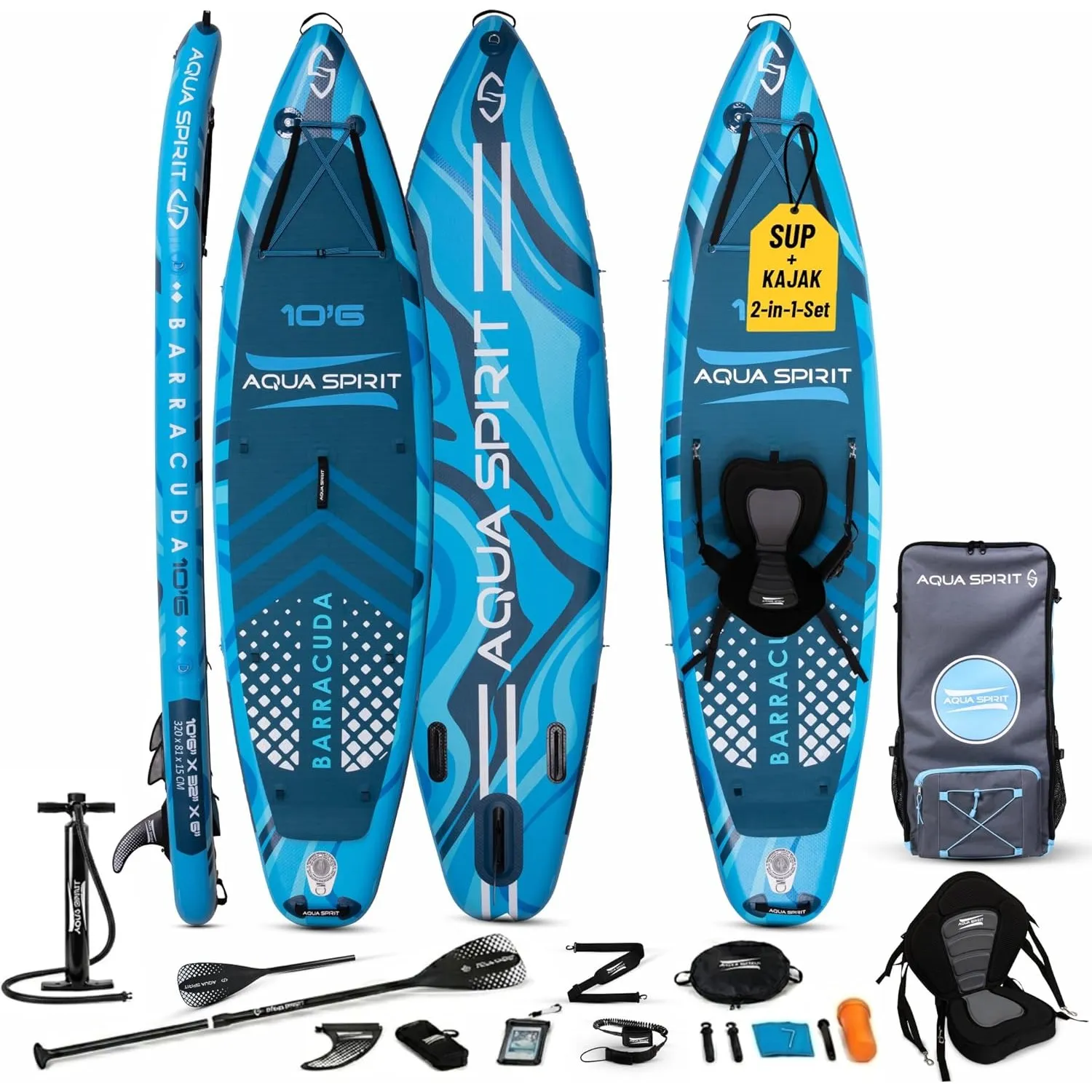 Aqua Spirit Sup Board mit Sitz | Kajak Aufblasbar Barracuda Stand Up Paddling Board 320x81x15cm Für Standup Paddle Boar…