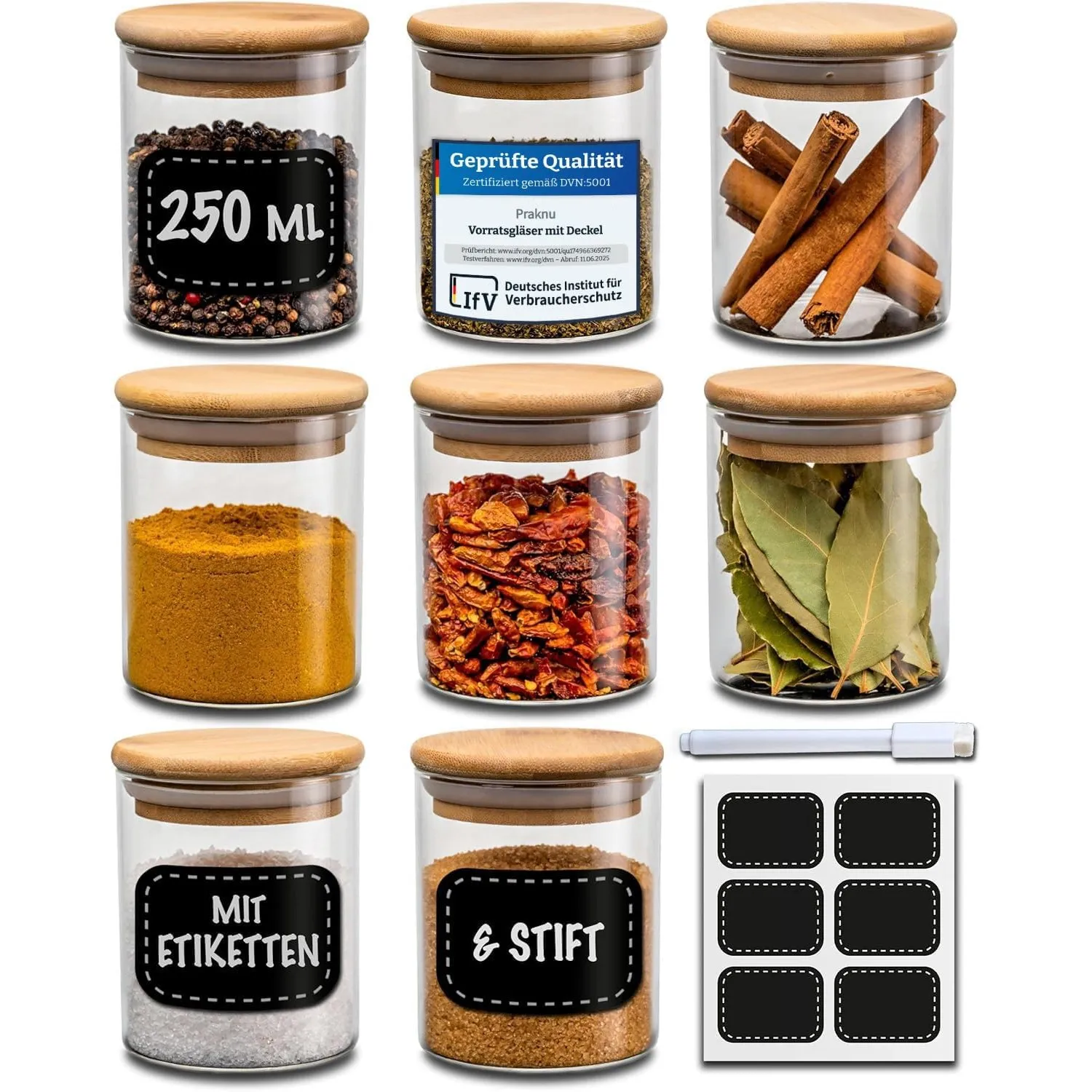 Praknu Gewürzgläser Groß - 8er Set 250ml - mit Etiketten zum Beschriften - Luftdicht - Spülmaschinenfest - Küchenorgani…
