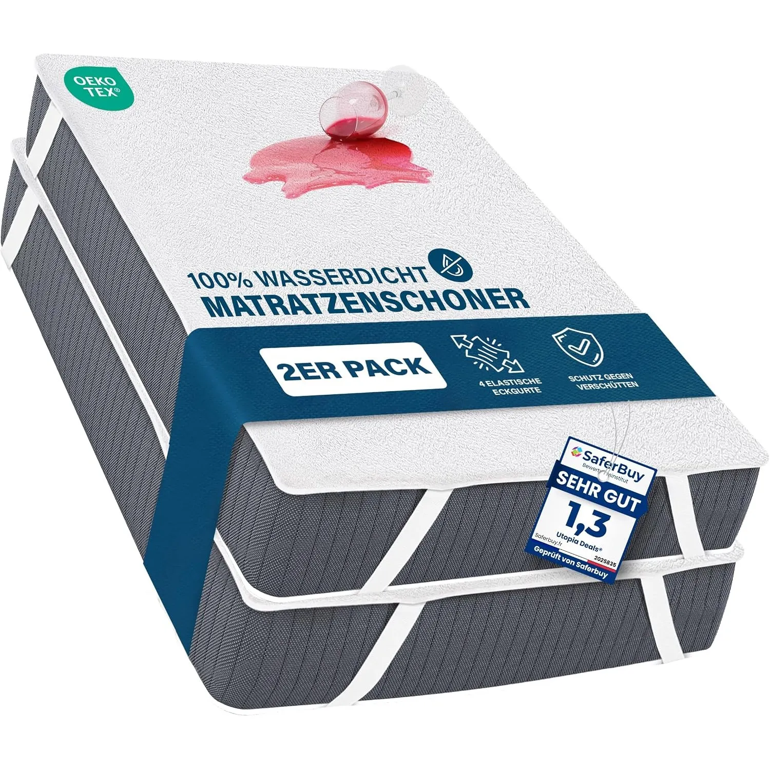 Wasserdichter Matratzenschoner, 160x200 cm (2er Pack), mit 4 Eckbändern