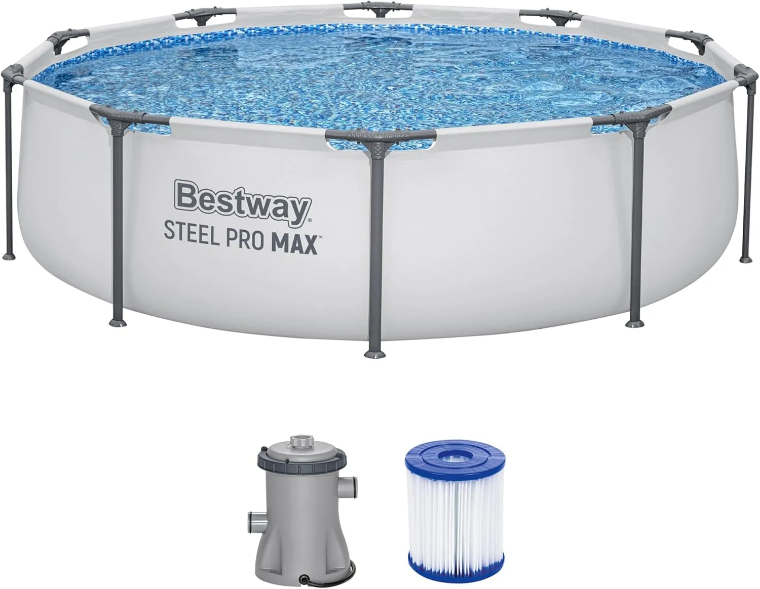 Bestway Steel Pro MAX Frame Pool Set with Filter Pump, Diameter 305 x 76 cm, Light Grey, Round