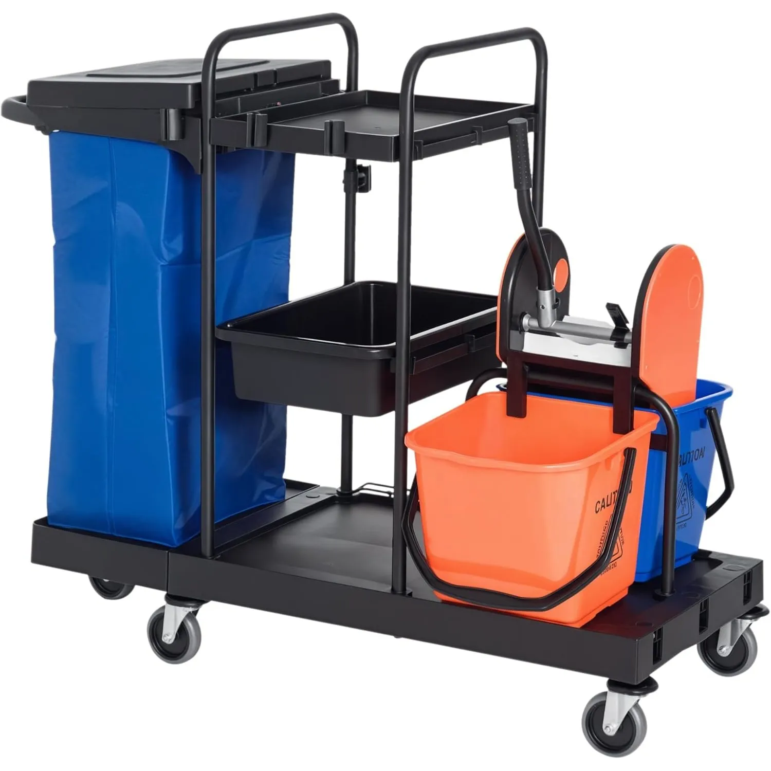HOMCOM Putzwagen 3 Ebenen Wischwagen mit Presse 2x18L Eimer Schwarz | Reinigungswagen, Abfallsack, 4 Rollen, für Hotel …