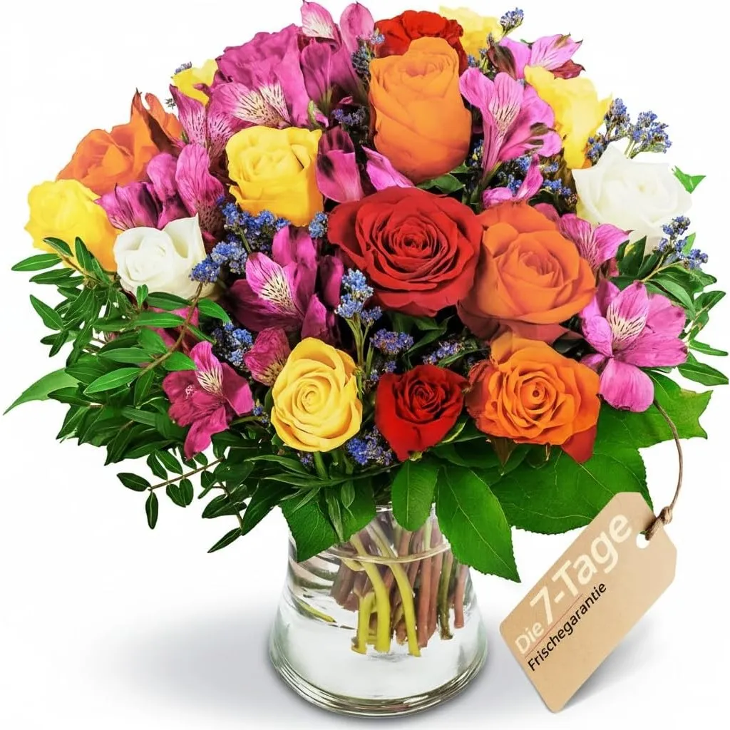 Blumenstrauß Farbtraum, Bunter mit Rosen, Inkalilien und Statice, 7-Tage-Frischegarantie, Qualität vom Floristen, handg…