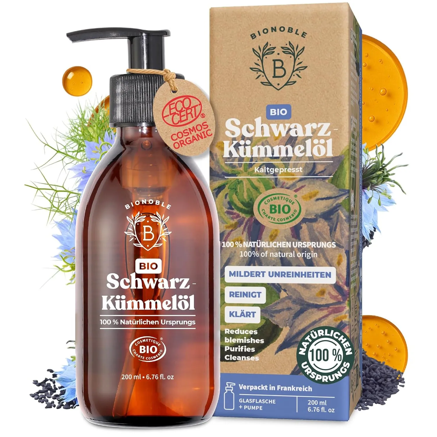 BIONOBLE Schwarzkümmelöl Bio Kaltgepresst - Haare, Gesicht, Haut - 200ml