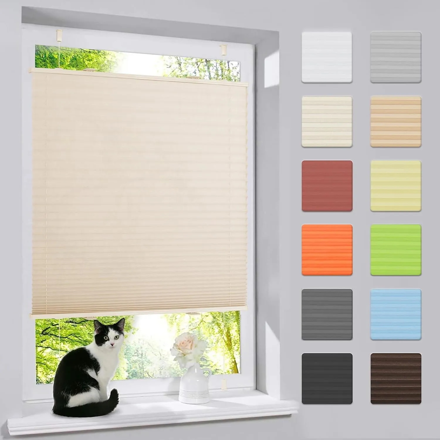 bobodeco Plissee ohne Bohren Klemmfix Faltrollo Jalousie Beige 110x120cm (BxH), Plisseerollo Sichtschutz und Sonnenschu…