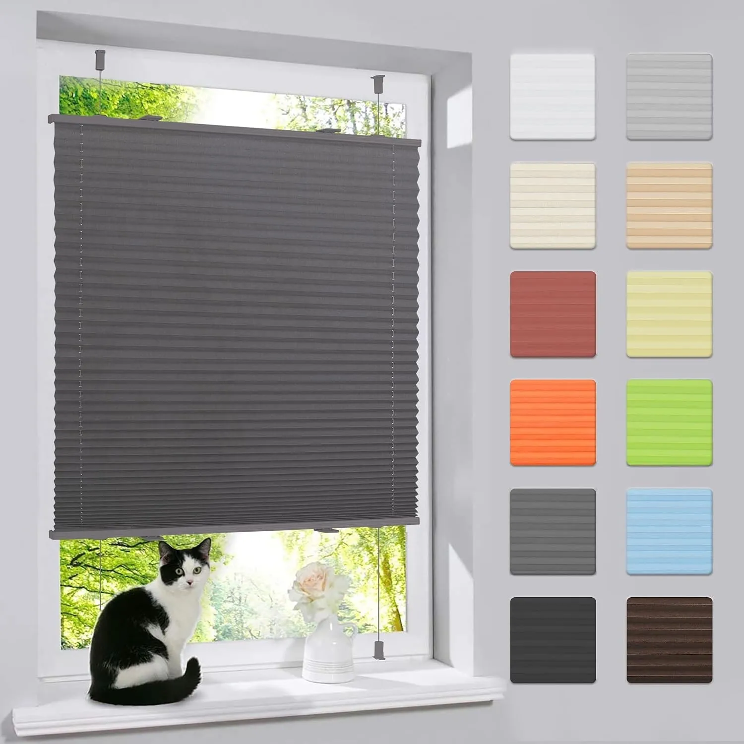 bobodeco Plissee ohne Bohren Klemmfix Faltrollo Jalousie Anthrazit 60x130cm (BxH), Plisseerollo Sichtschutz und Sonnens…