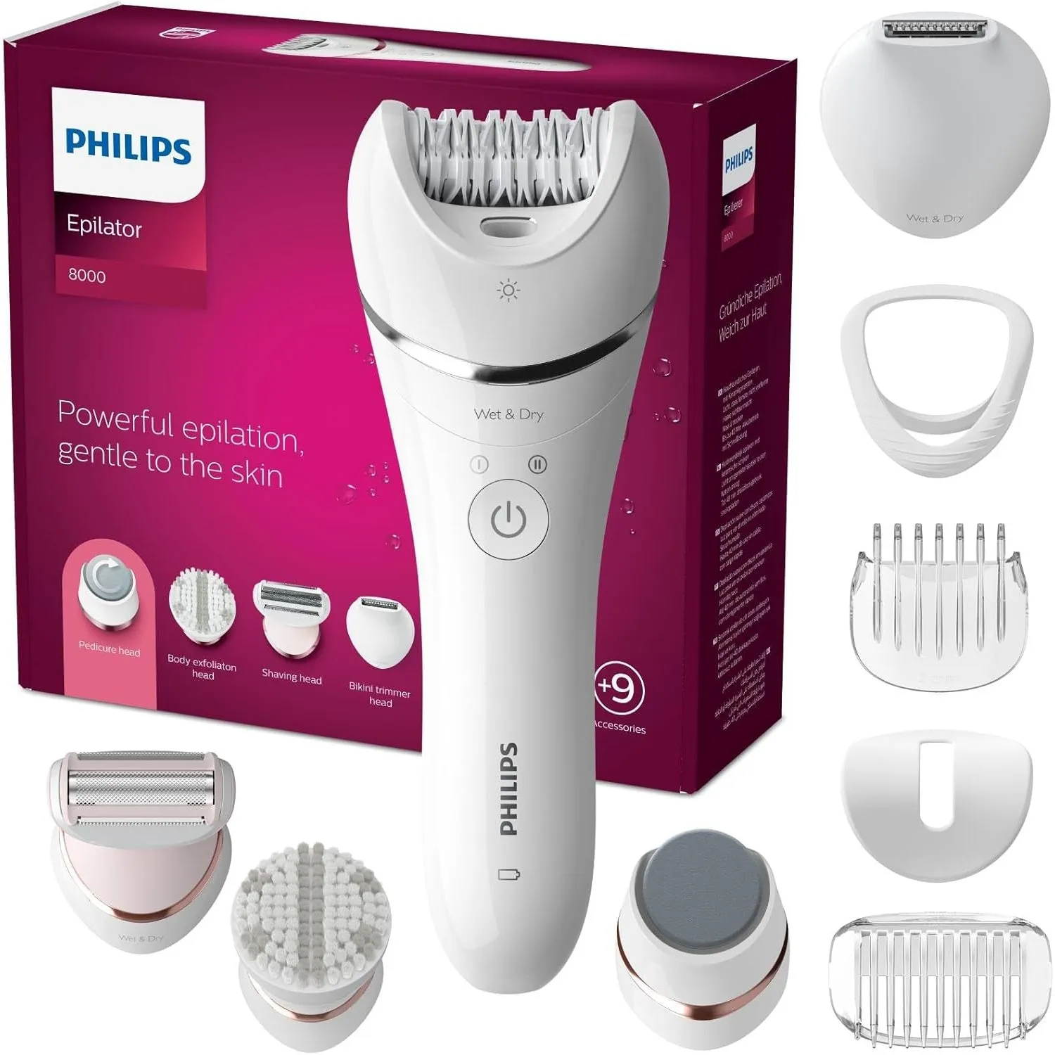 Philips Epilierer Series 8000, kabelloser Nass- und Trockenepilierer für Beine und Körper, mit 9 Zubehörteilen, Rasiere…