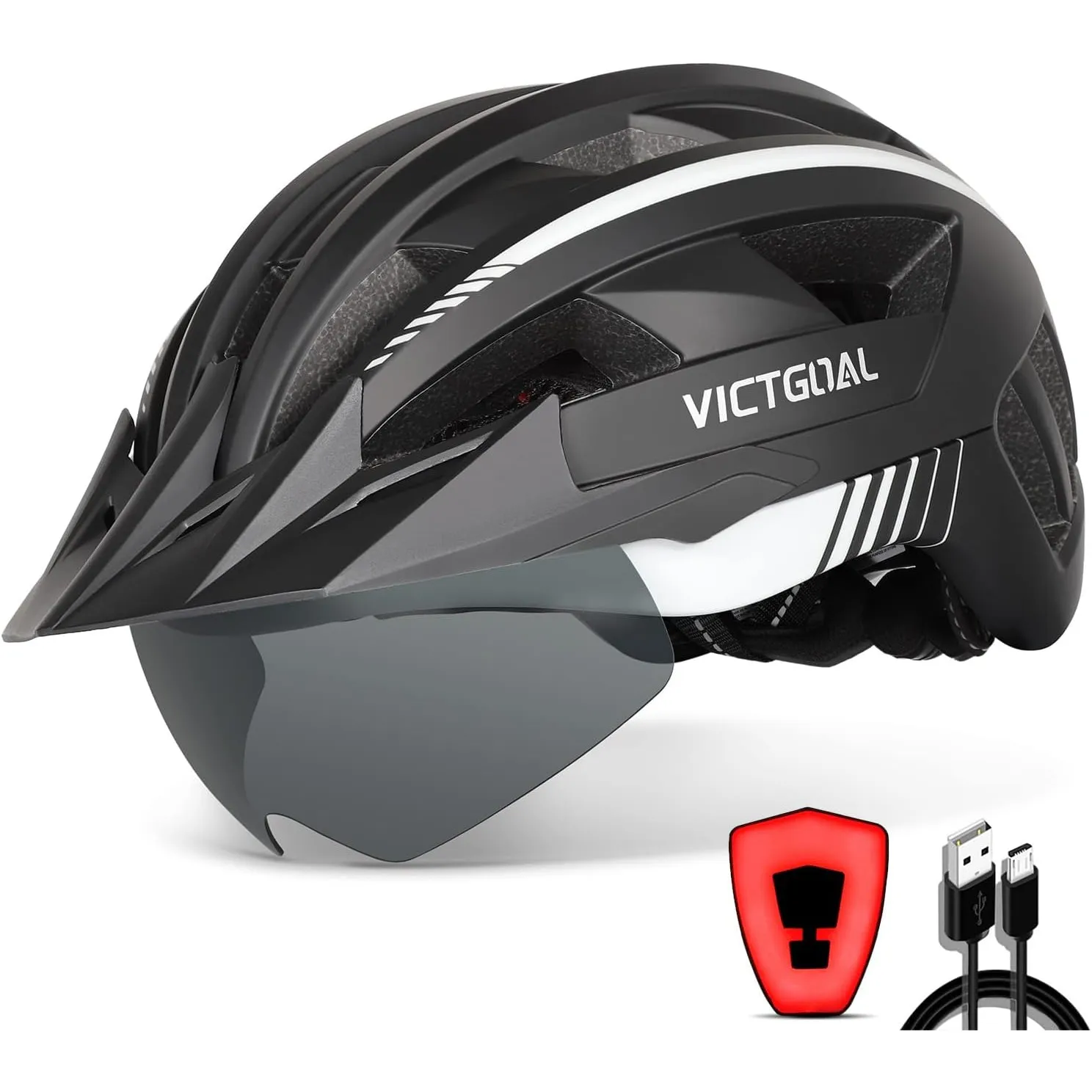 VICTGOAL Fahrradhelm Herren Damen mit Visier, USB Rücklicht, Magnetbrille