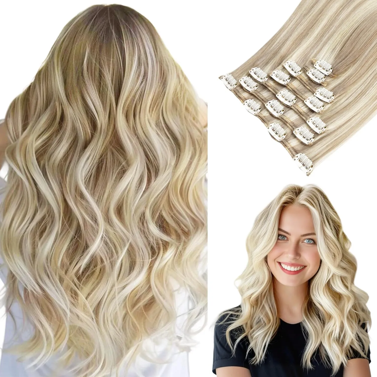 hotbanana Clip In Extensions Echthaar, Aschblond bis Goldblond und Platinblond 50cm Unsichtbar Clip In Echthaar Extensi…