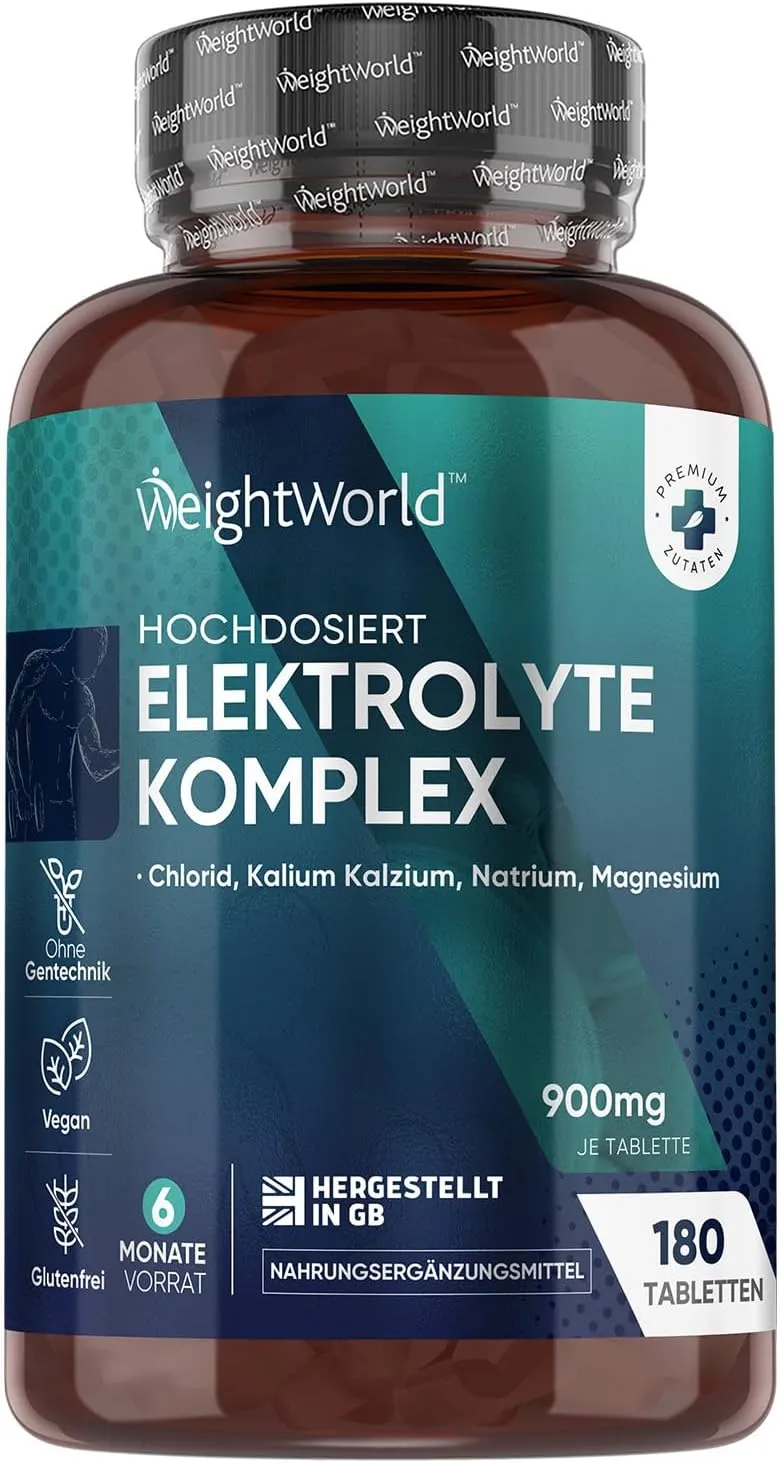 Elektrolyte Tabletten - 900mg pro Tablette - mit Magnesium, Kalzium, Kalium, Natrium & Chlorid - 180 Stück - Electrolyte Tablets Komplex - Vegan & Glutenfrei - Ohne Gentechnik - Von WeightWorld