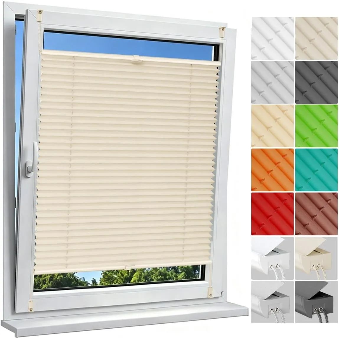 Allesin Plissee ohne Bohren Plissees Klemmfix Beige 75x80cm(BxH), Plisseerollo Faltrollo mit Klemmträger, Jalousie Roll…