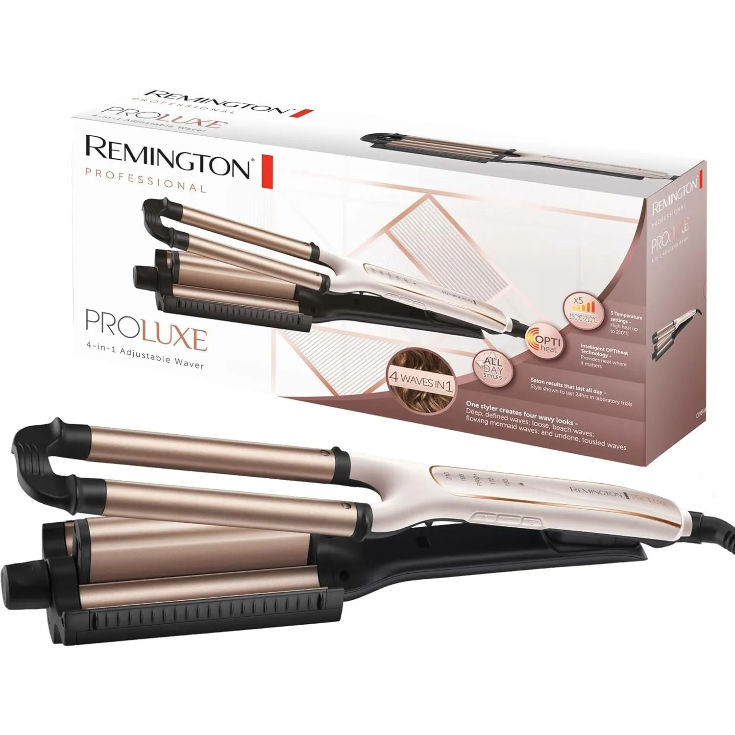 Remington ProLuxe Lockenstab 4-in-1, Digitales Display, 210 °C, Weiße Rose