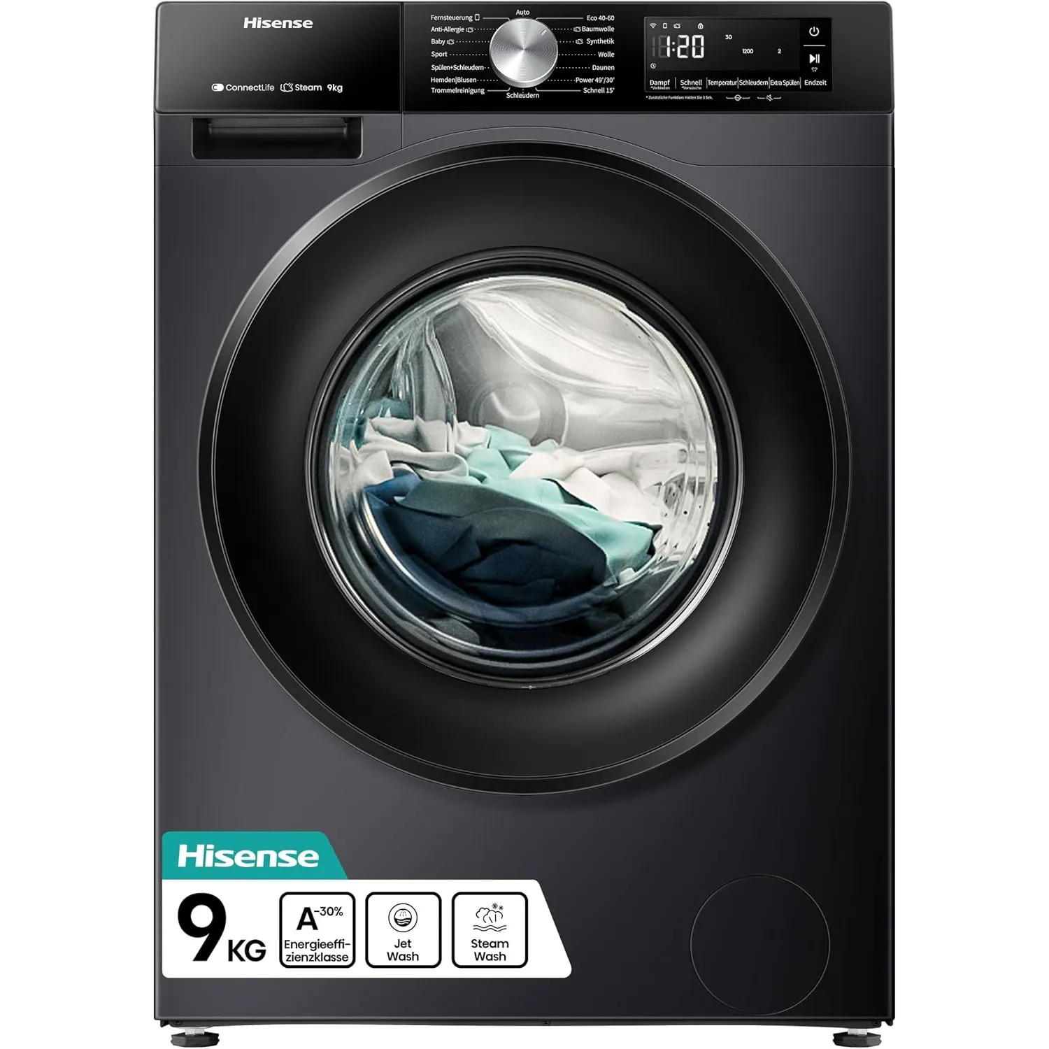 Hisense WF3S9043BB3 Waschmachine mit Dampffunkunktion, 9 kg, 1400 U,min, WiFi, ConnectLife, Power JetWash, Anti-Allergi…