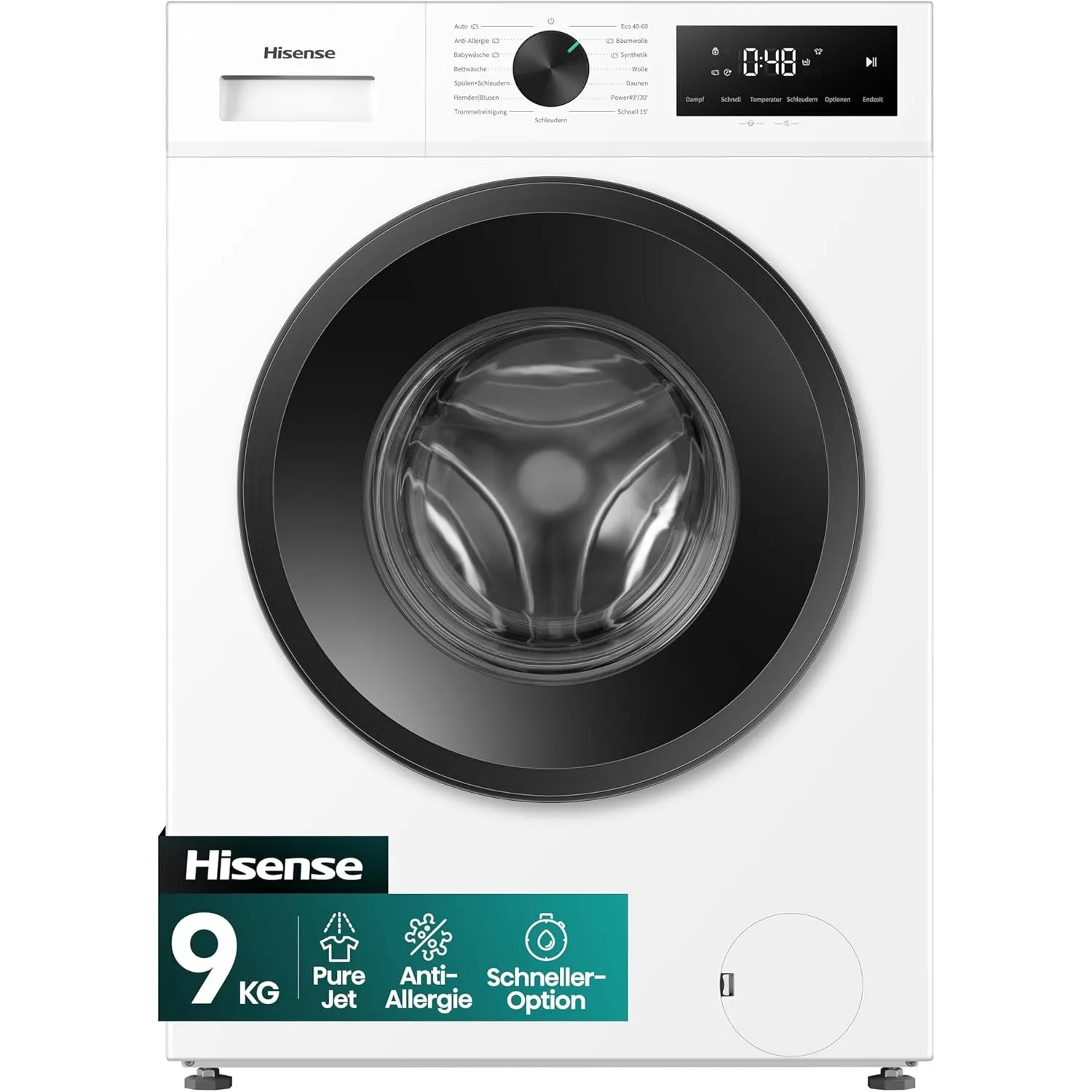 Hisense WF1I9042BWP Waschmaschine mit Dampffunktion, 9kg, 1400 U/Min, 15 Programme, TFT Farb-Display, 72 dB, Automix-Wa…