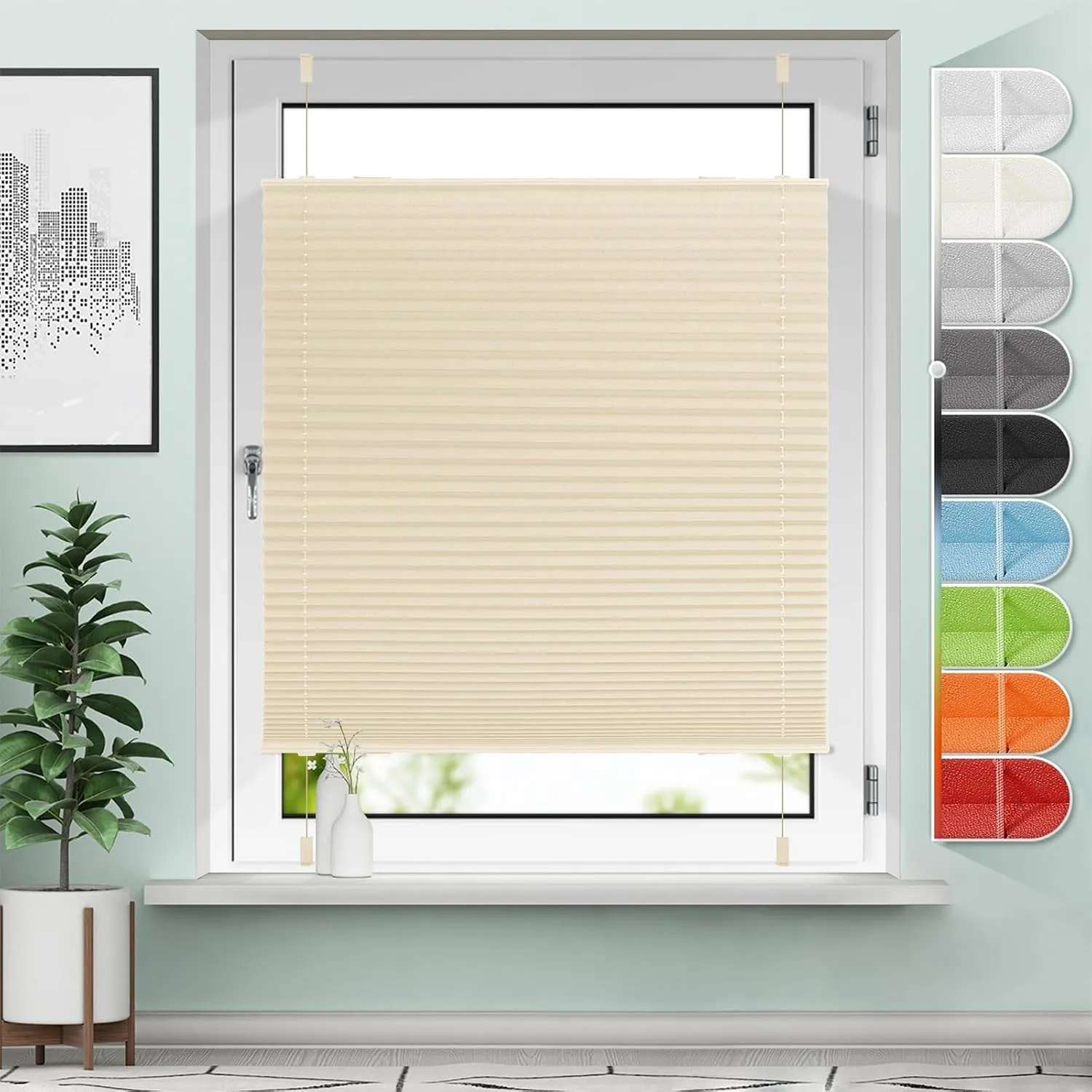 Sanfree Plissee Klemmfix Plisseerollo ohne Bohren Beige B100 x H100cm inkl. Klemmträger Blickdicht und lichtdurchlässig…