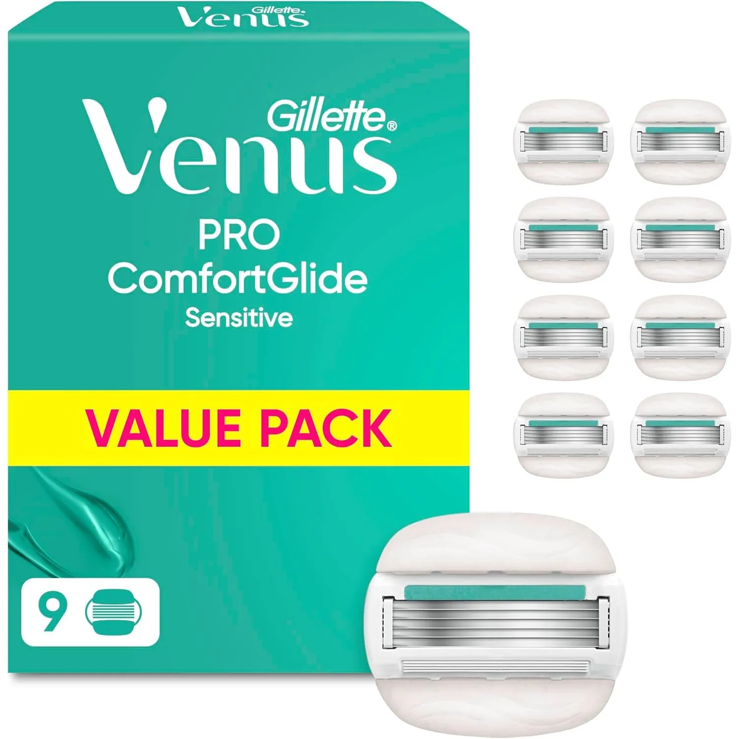 Gillette Venus Pro Comfortglide Sensitive, 9 Original Rasierklingen, Grün