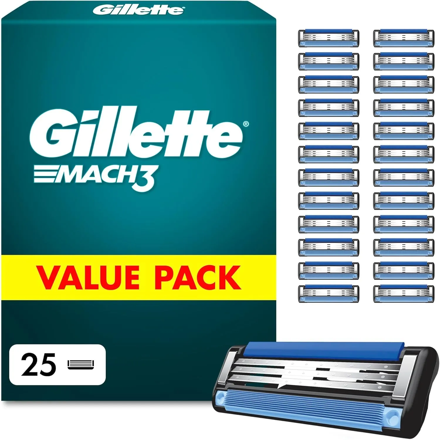 Gillette Mach 3 Klingen Herren, 25 Original Rasierklingen, Blau - Ersatzklingen Männer für Nassrasierer mit Gleitstreif…