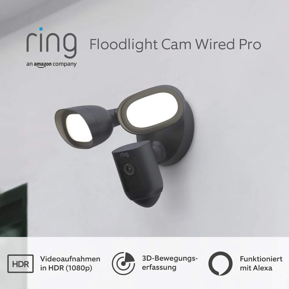 Zertifiziert und generalüberholt Ring Flutlichtkamera Pro Kabel (Floodlight Cam Wired Pro) | Überwachungskamera aussen mit HDR-Video, WLAN, 3D-Bewegungserfassung, funktioniert mit Alexa