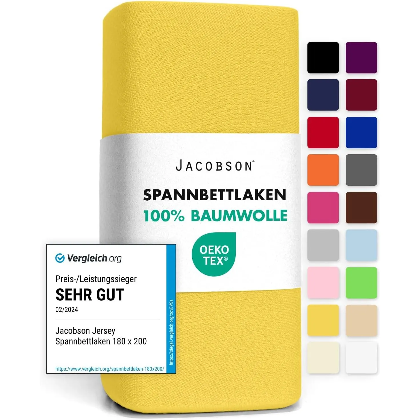 Jacobson Jersey Spannbettlaken Spannbetttuch Baumwolle Bettlaken (90x200-100x200 cm, Gelb)
