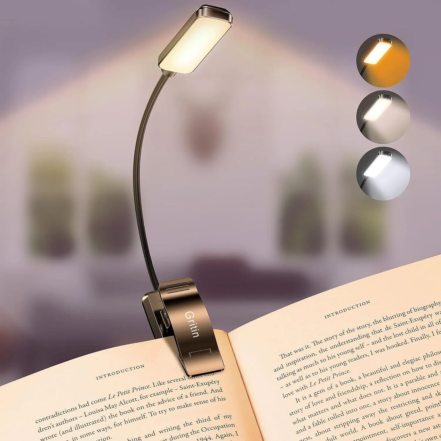 Gritin Leselampe Buch Klemme, Buchlampe, 3 Farbtemperatur Modi, Stufenlose Helligkeit Klemmlampe, USB Wiederaufladbare …