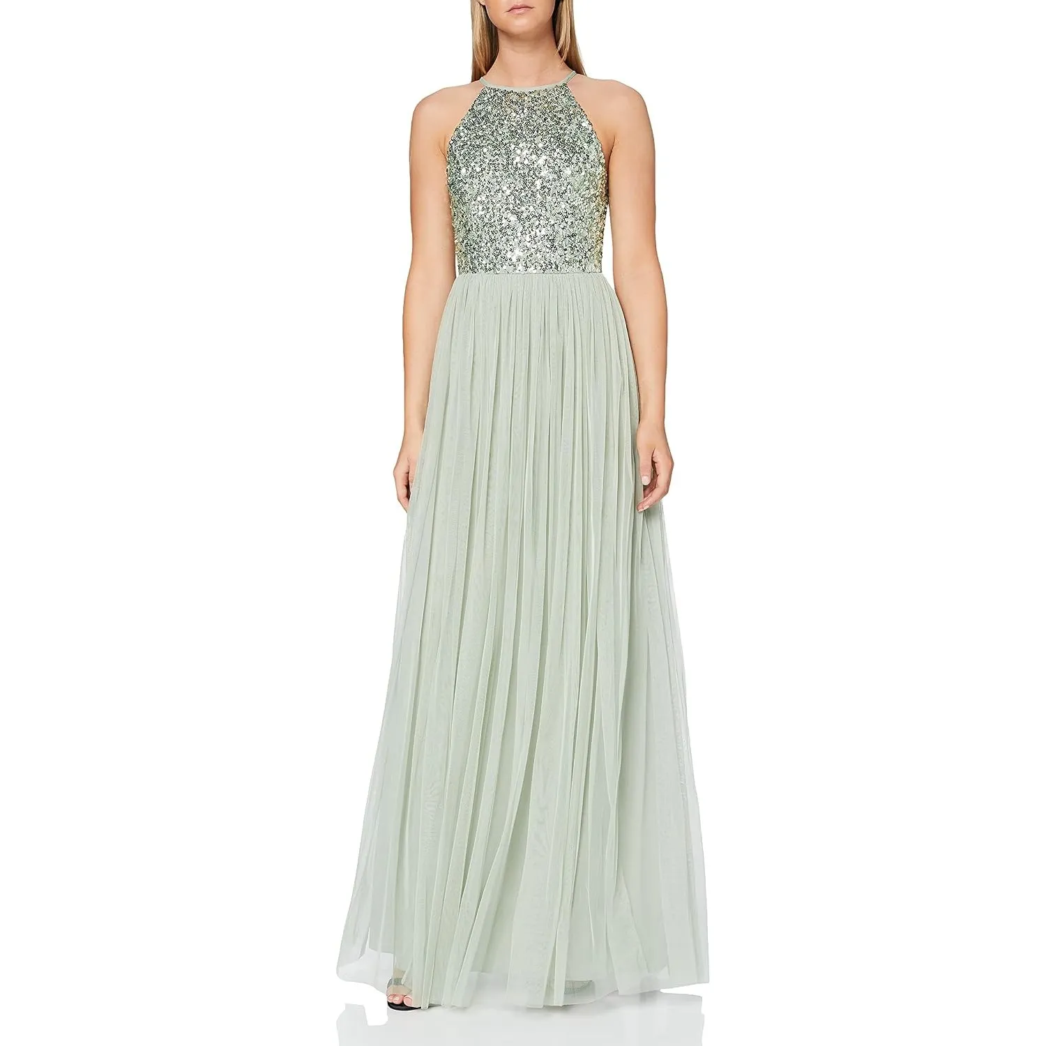 Abendkleid Pailletten Cocktailkleid Damen Tüllkleid Kleid Nackenband Abendkleid Elegant für Hochzeit Brautjungfernkleid