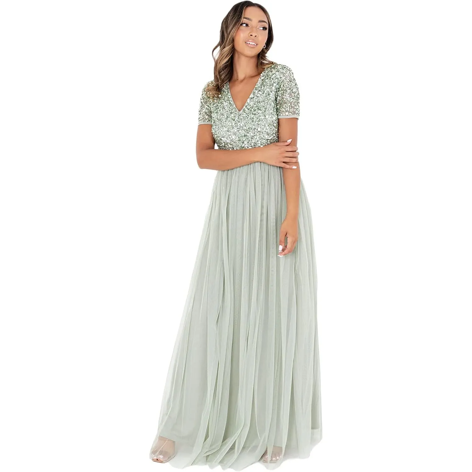 Damen Ballkleid Abendkleid V-Ausschnitt Maxi Länge Pailletten Kurze Ärmel für Hochzeit Geburtstag Brautjungfer