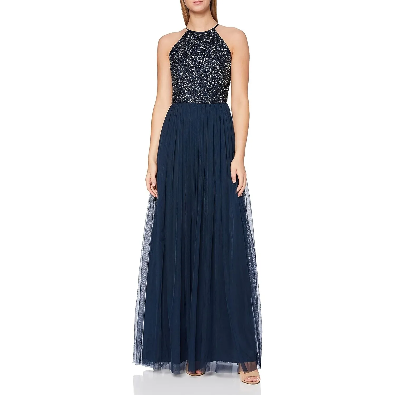 Abendkleid Pailletten Cocktailkleid Damen Tüllkleid Kleid Nackenband Abendkleid Elegant für Hochzeit Brautjungfernkleid