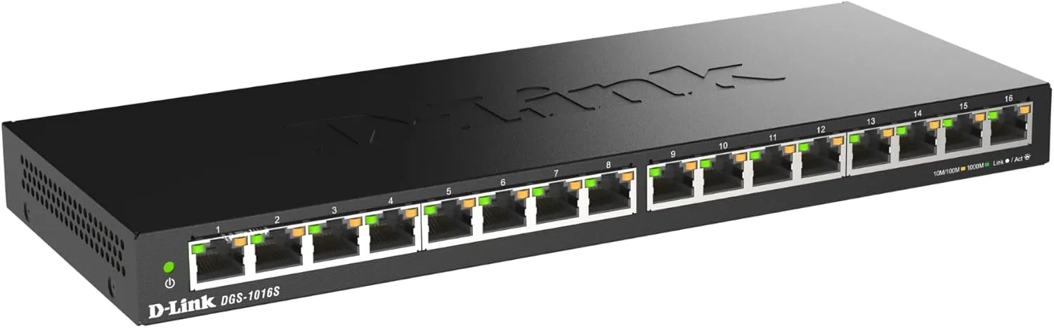 D-Link DGS-1016S 16-Port Unmanaged Gigabit Switch (ohne Lüfter, Low Profile Metallgehäuse, Desktop / Wandmontage, Plug-…