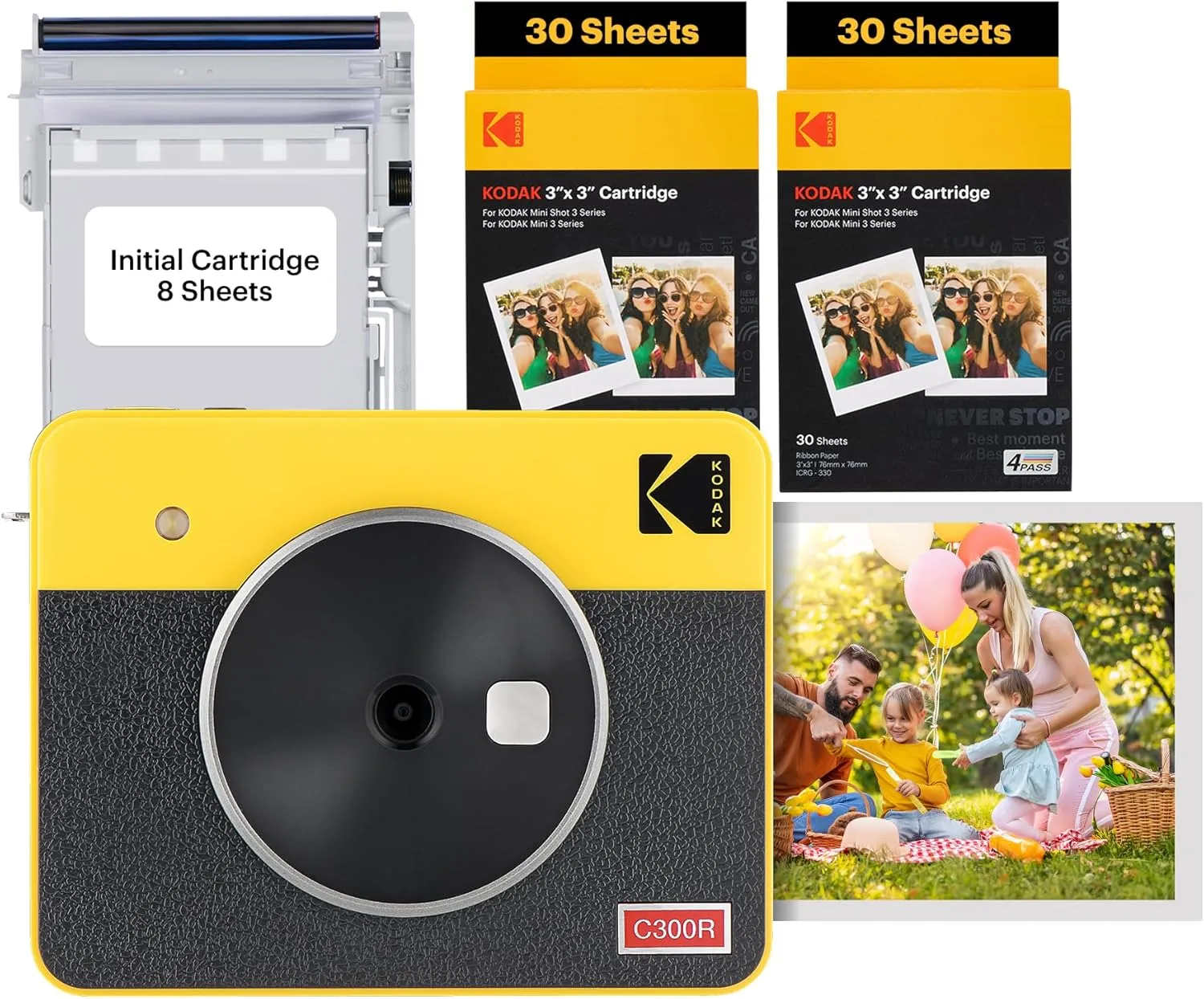 Kodak Mini Shot 3 Retro 4PASS 2-in-1-Sofortbildkamera und Fotodrucker, Tragbar (7,6 x 7,6 cm) + Paket mit 68 Blatt, Gelb