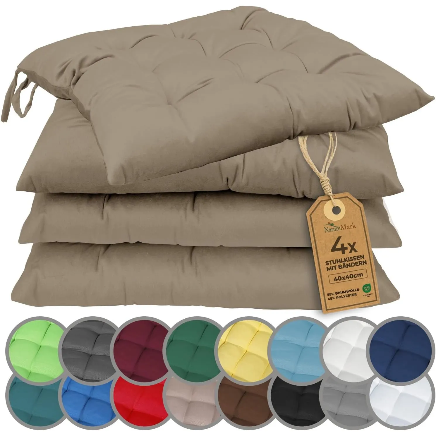 NatureMark 4er Set Stuhlkissen mit Bändern 40x40 cm – Gefüllte Sitzkissen, Outdoor & Indoor – Sand/Beige