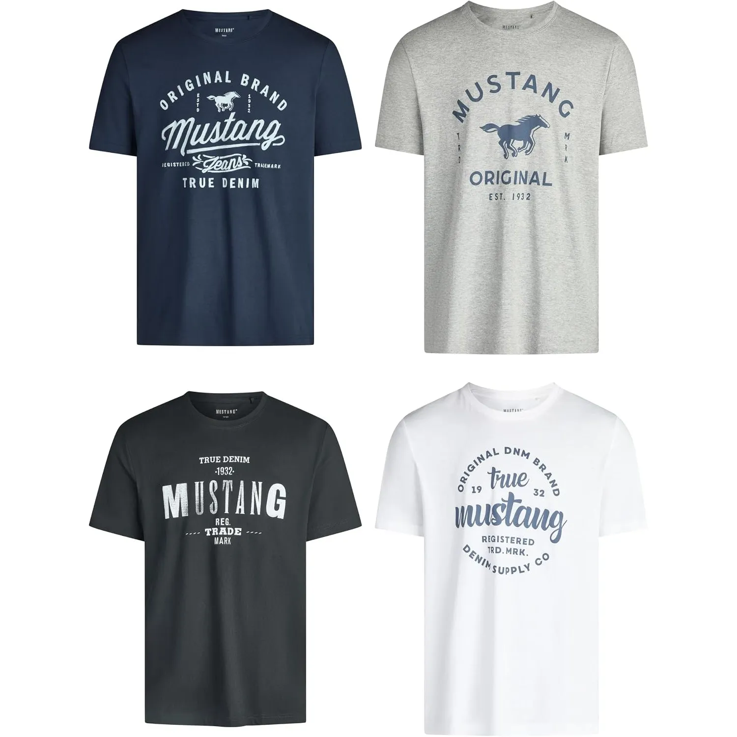 MUSTANG Tshirt Herren Baumwolle Regular Fit 4er Pack Set Rundhals Kurzarm Sommer Tee Shirt Logoprint Schwarz Weiß Grau …