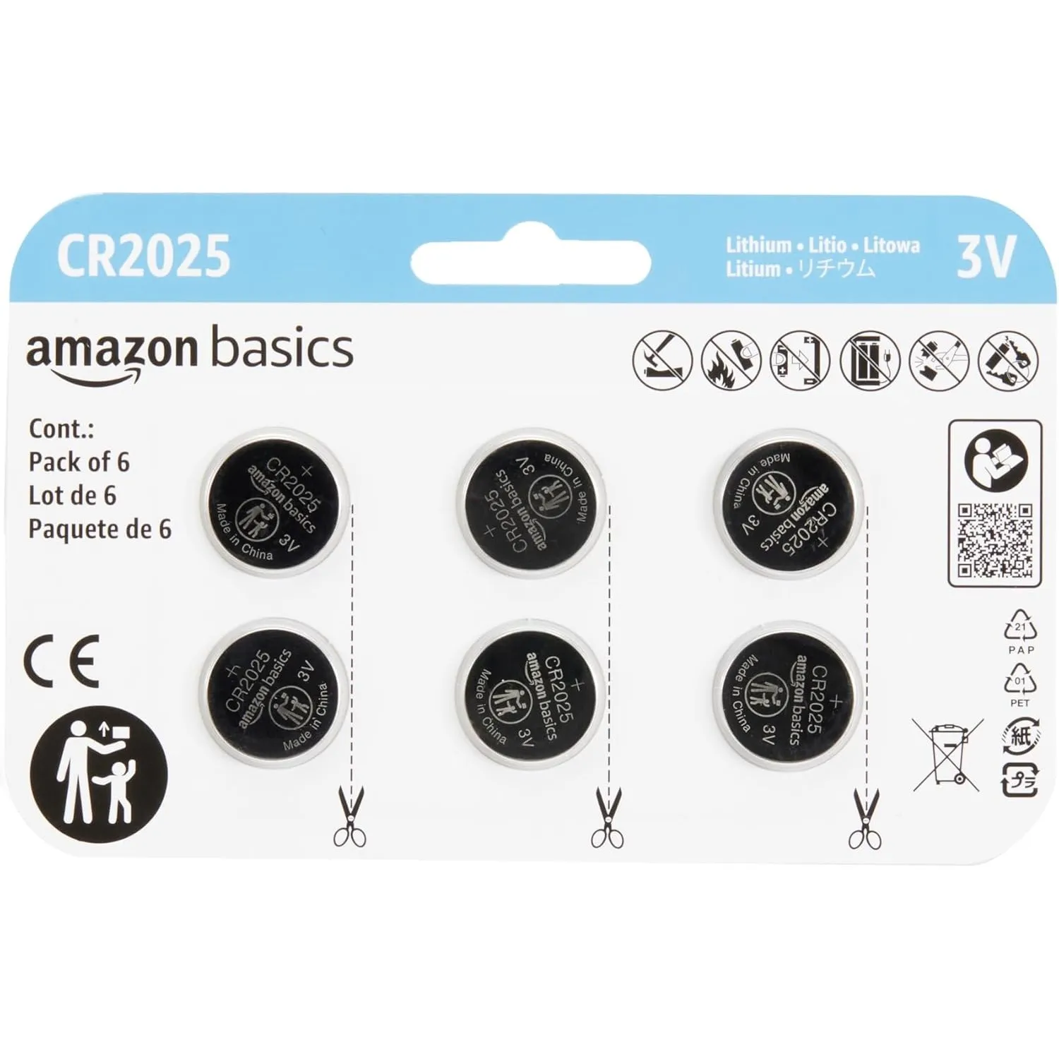 Amazon Basics CR2025 Lithium-Knopfzellenbatterie, langanhaltende Leistung, frei von Quecksilber, 3 V, 6 Stück