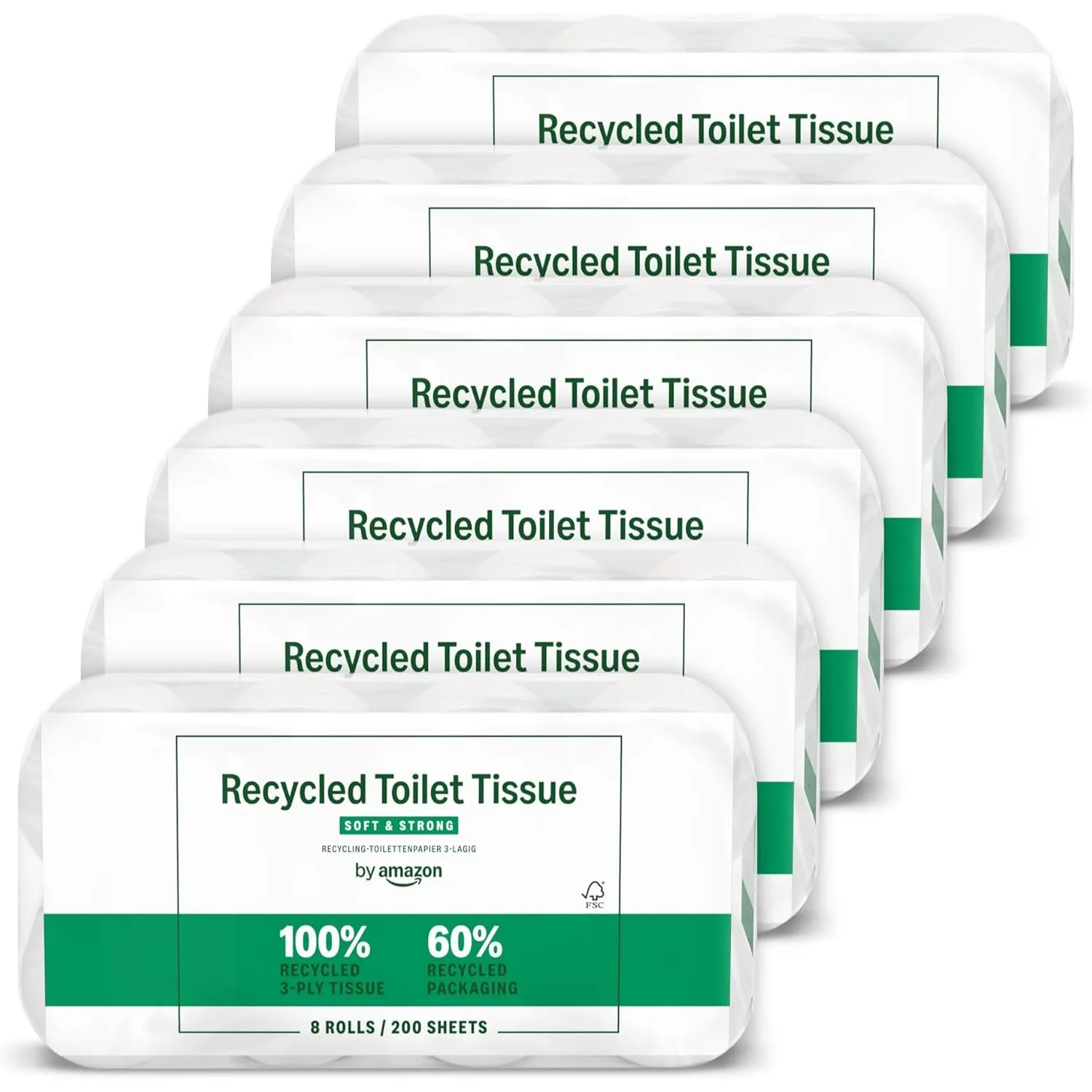 by Amazon Recyceltes Toilettenpapier, 100% recycelte Fasern, 3-lagig, 200 Blatt, 48 Rollen (6 Pack à 8 Rollen), FSC-zer…