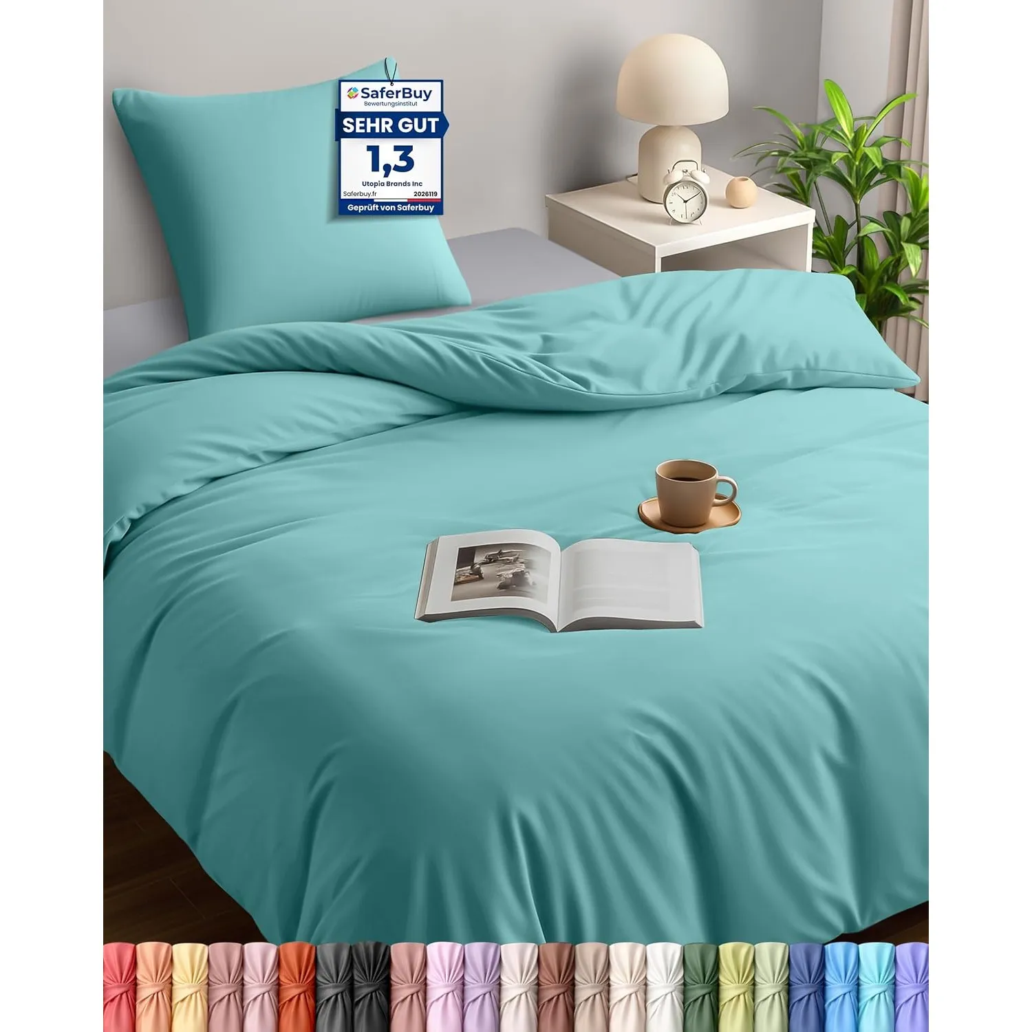 Utopia Bedding Bettwäsche 135x200 cm + 1 Kissenbezug 80x80 cm, Spa Blau