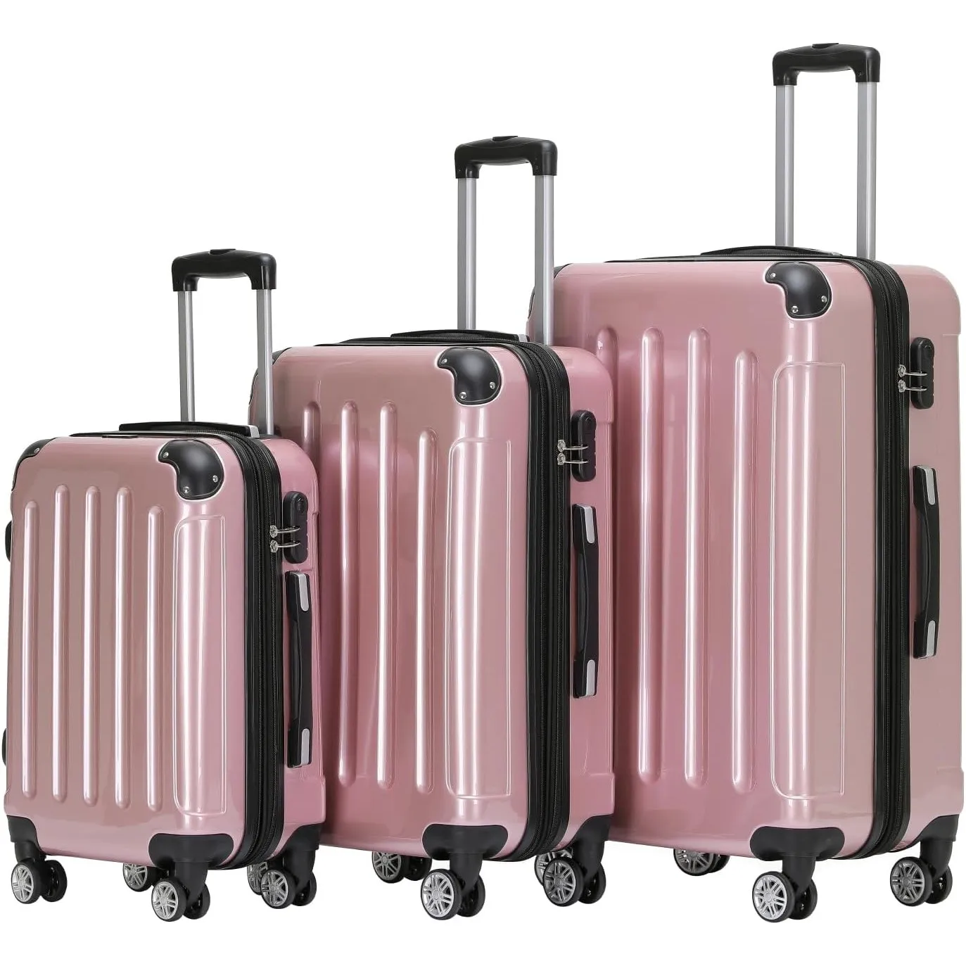 BEIBYE Zwillingsrollen 2048 Hartschale Trolley Koffer Reisekoffer in M-L-XL-Set in 15 Farben (Rosagold, Set)