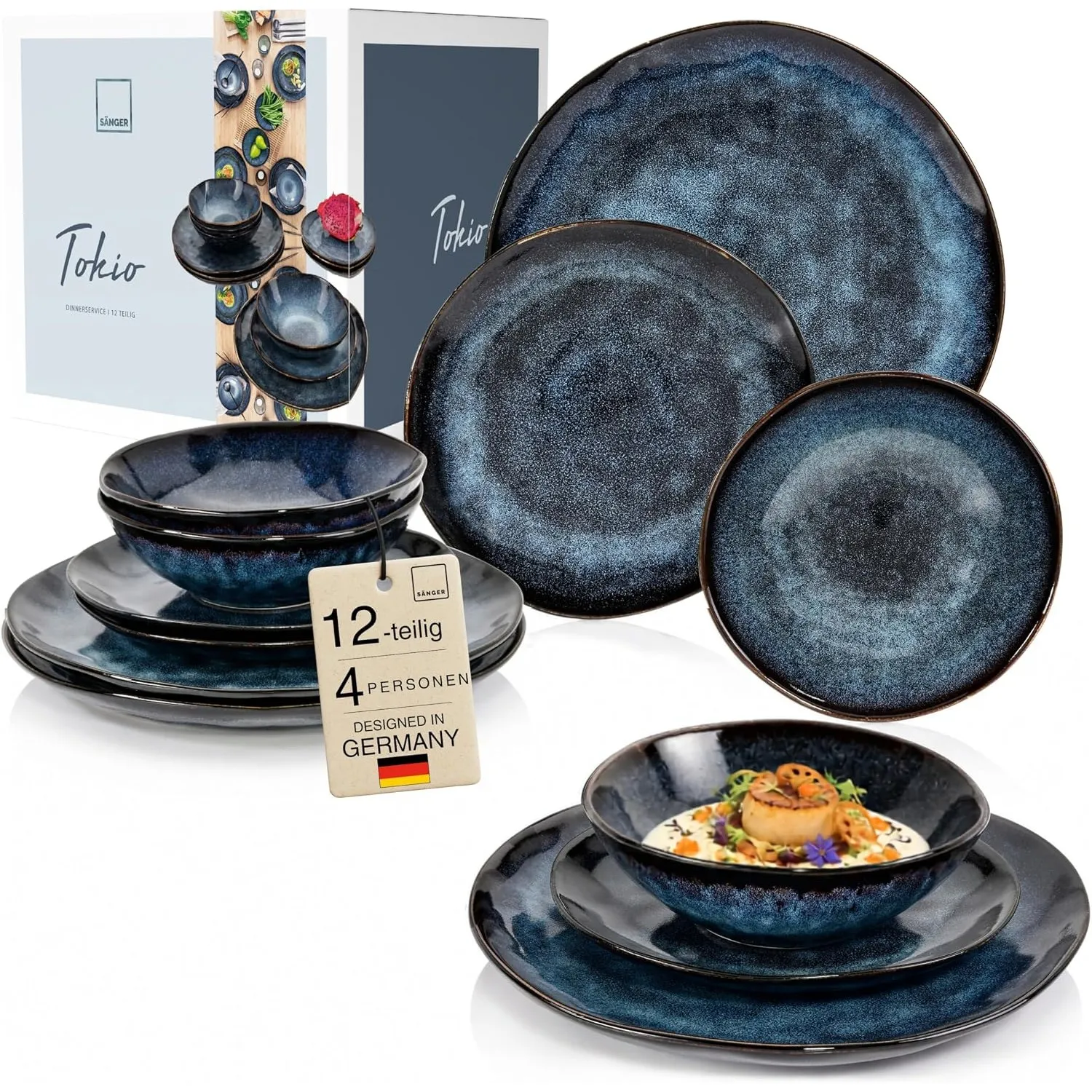 Sänger Tokio Geschirrset für 4 Personen, Teller Set 12-teilig, Dunkelblau