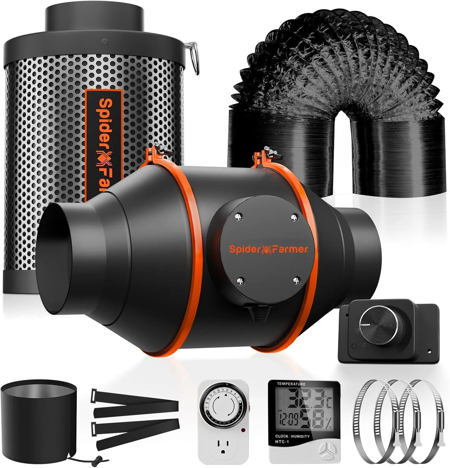 Spider Farmer Abluftset 100mm/4 Inch Rohrventilator mit RJ12 Drehzahlregler, Aktivkohlefilter Abluft Lüftungsset Kohlefilter, 27W Grow Lüfterset, 205 CFM Belüftungssystem für Growzelt, Growbox, Garage