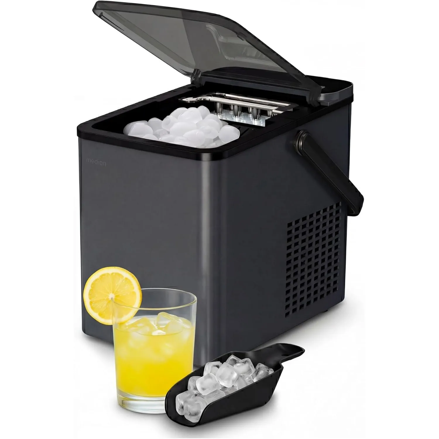 MEDION Eiswürfelmaschine, selbstreinigend, 12 kg Eis/Tag Eiswürfelbereiter, 2 Eiswürfelgrößen S & L, Integrierter Kompr…