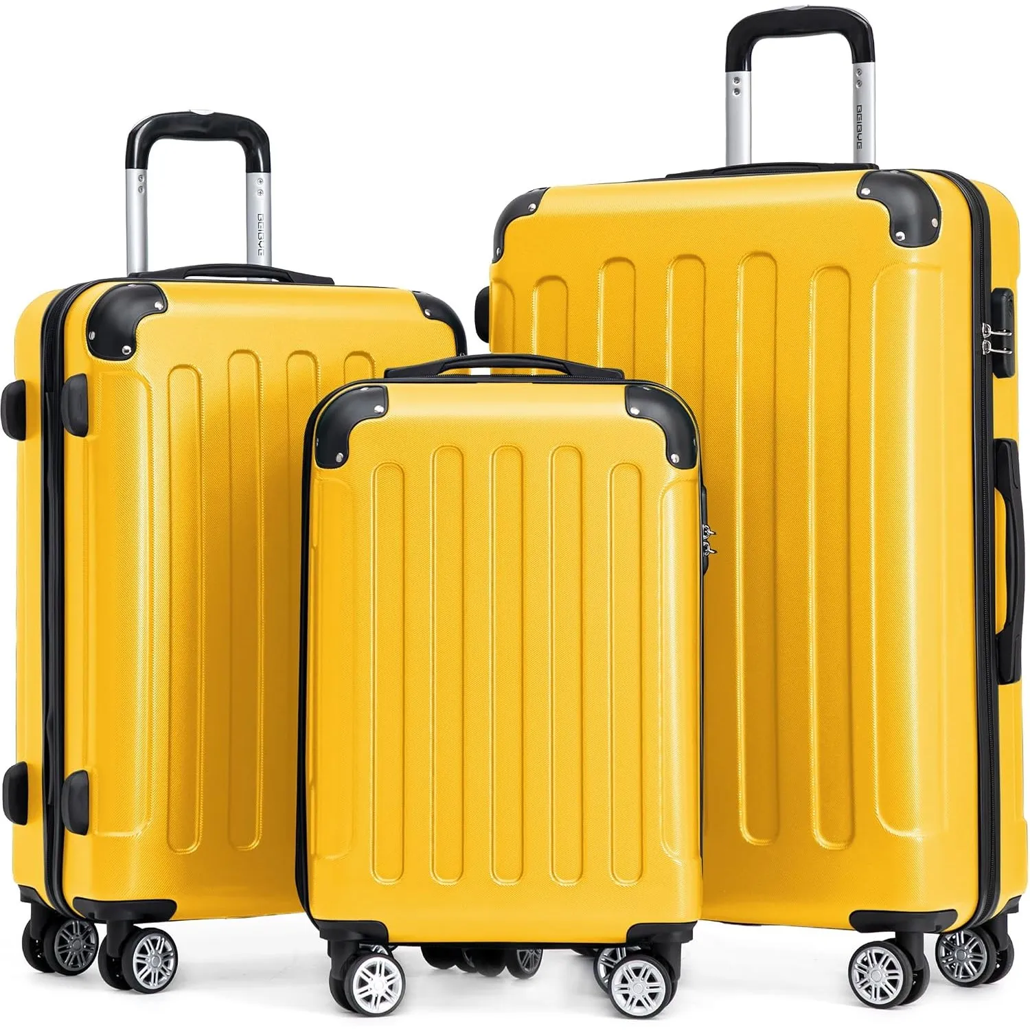 BEIBYE Kofferset 3-teilig – Kabinenkoffer, Reisekoffer und Koffer aus ABS mit Doppelrollen und Zahlenschloss, Yellow