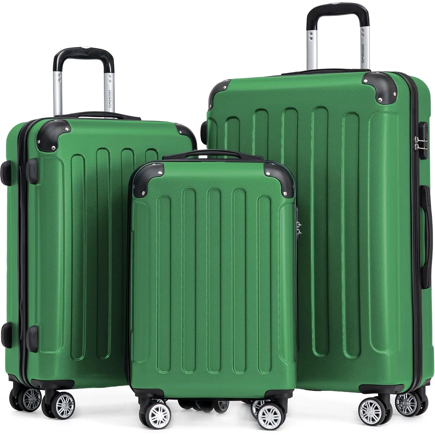 BEIBYE Kofferset 3-teilig – Kabinenkoffer, Reisekoffer und Koffer aus ABS mit Doppelrollen und Zahlenschloss, Olive
