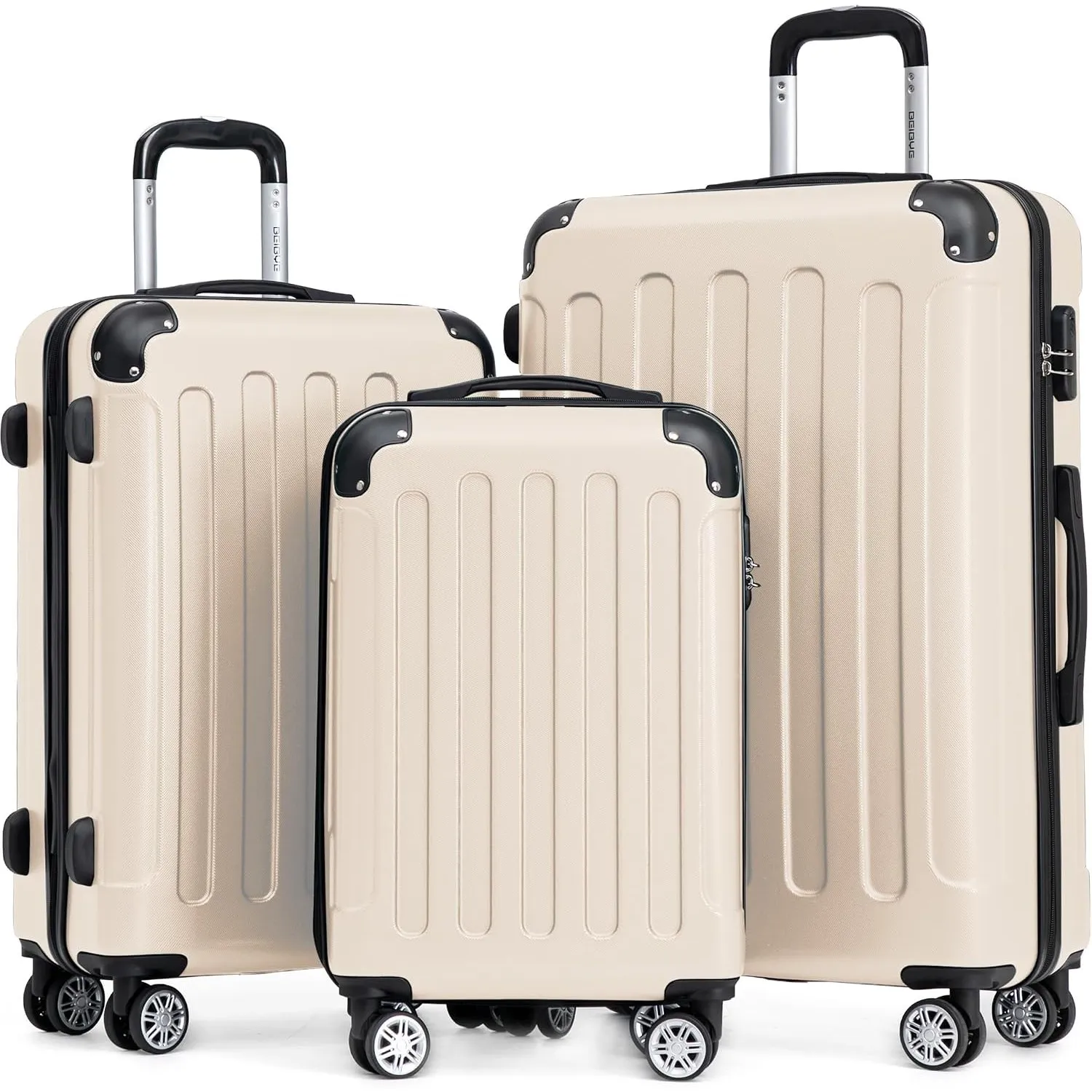 BEIBYE Kofferset 3-teilig – Kabinenkoffer, Reisekoffer und XL-Koffer aus ABS mit Doppelrollen und Zahlenschloss, Creme …