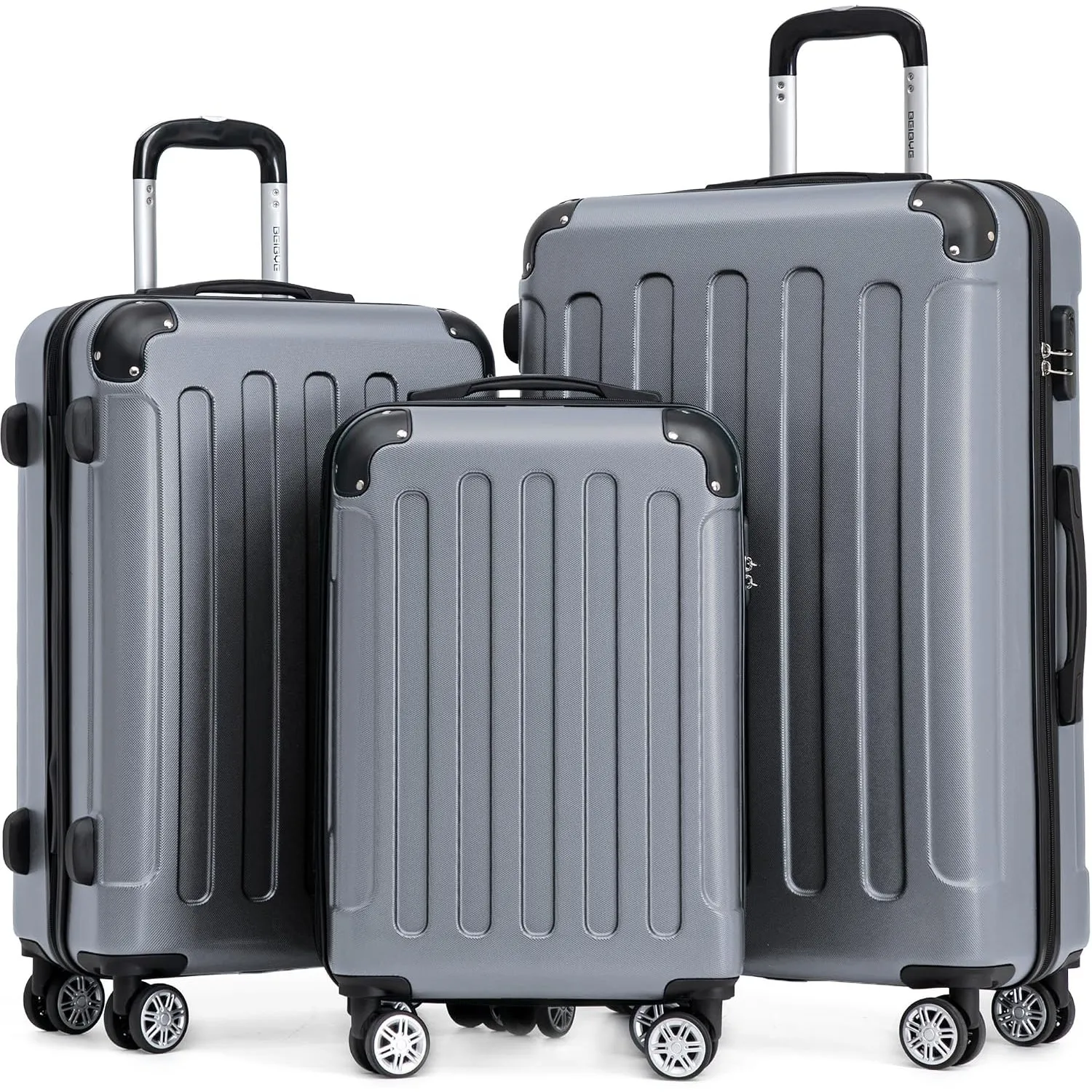 BEIBYE Kofferset 3-teilig – Kabinenkoffer, Reisekoffer Koffer aus ABS mit Doppelrollen und Zahlenschloss, Dark Grey