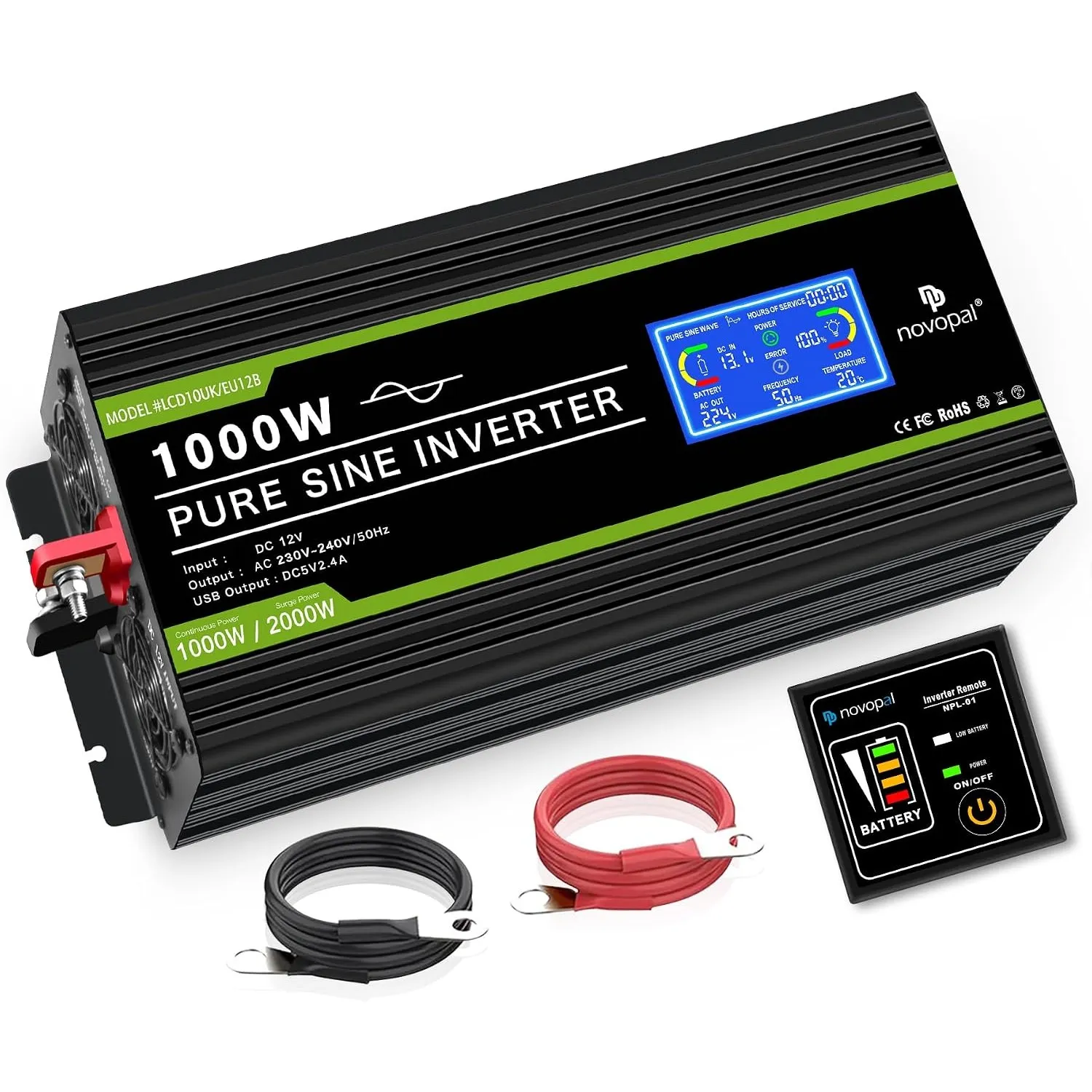 NOVOPAL 1000W Kfz Wechselrichter 12v auf 230v Reiner Sinus Spannungswandler | 2 EU-Steckdosen, 1 USB-Port, 5 m Fernbedi…