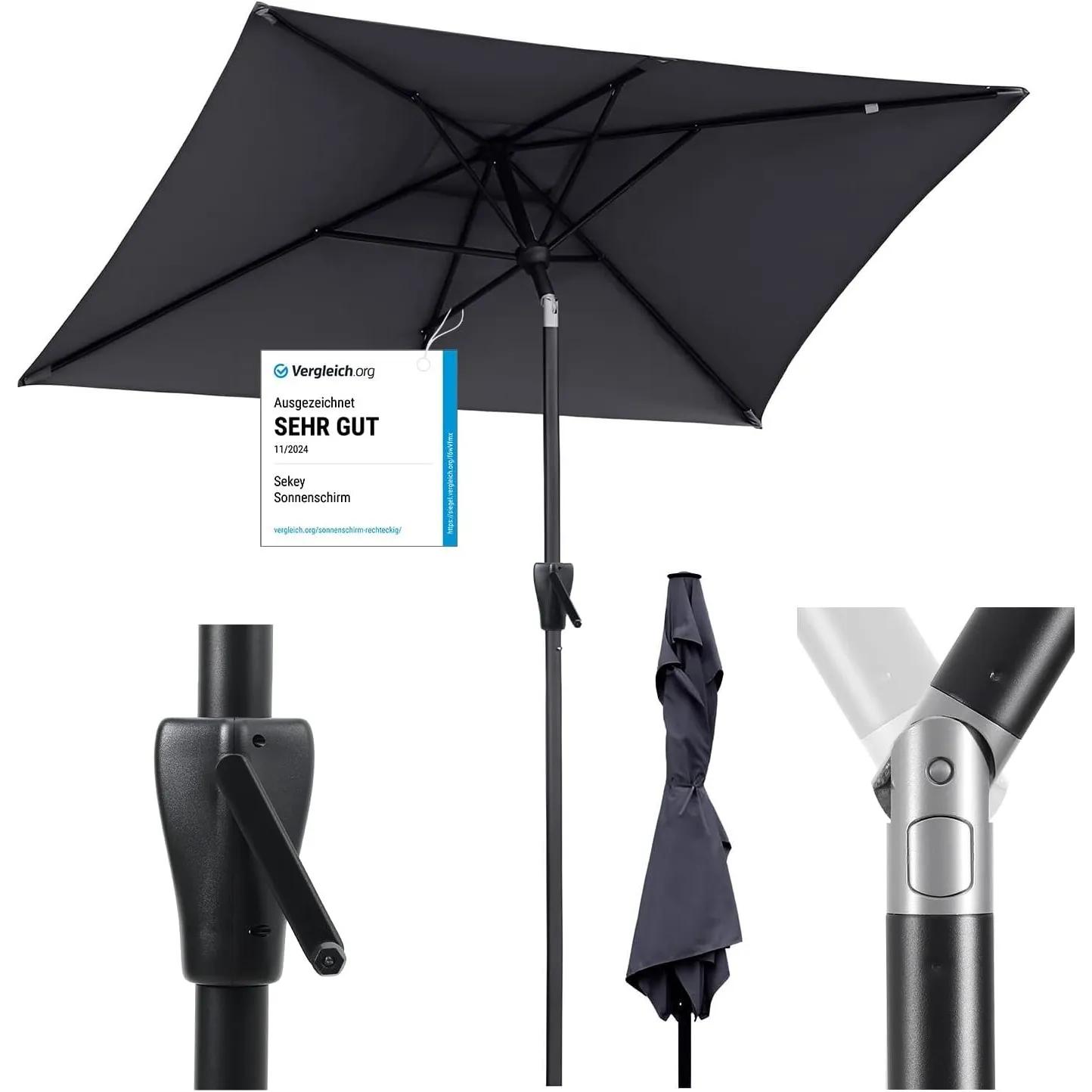 Sekey Aluminum Rechteckiger Sonnenschirm 210x140 cm mit Kurbel und Knicker | UV 50+ Schutz, hochwertige, rostfrei, 180 …