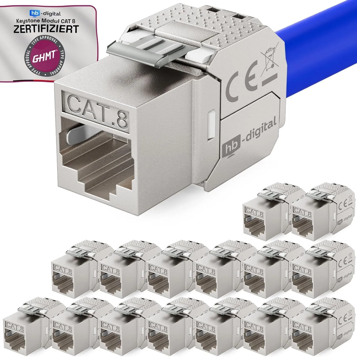 HB-DIGITAL 16x CAT 8 Keystone RJ45 Modul Buchse für starre LAN Kabel | GHMT Zertifiziert, 40 Gbit/s, AWG 22-26, werkzeu…