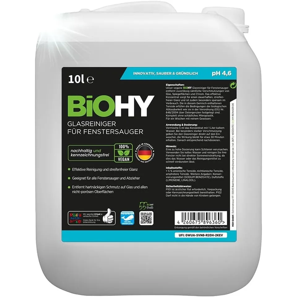 BiOHY Glasreiniger für Fenstersauger (10 Liter Kanister) | Fensterreiniger Konzentrat für alle Fenstersauger | Bio Rein…