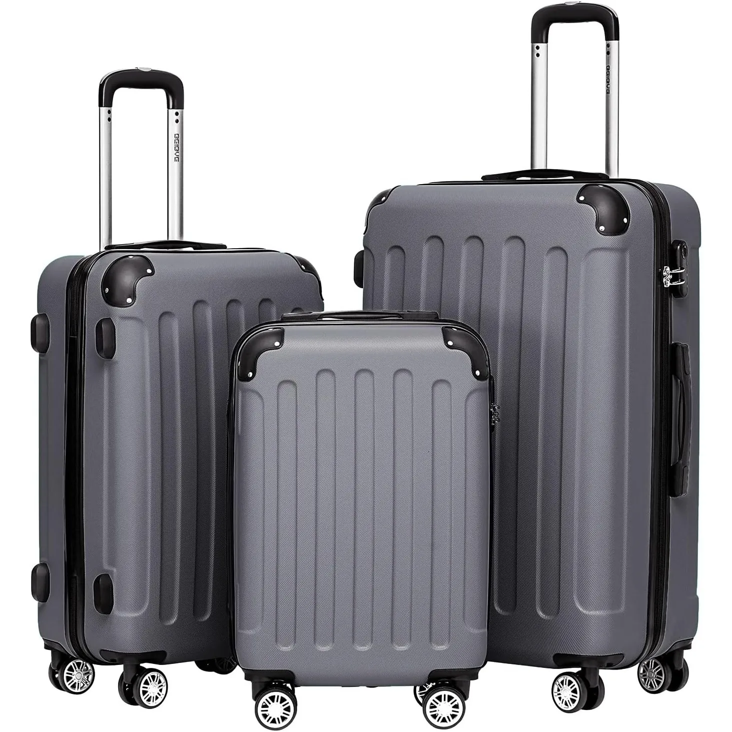 BEIBYE Zwillingsrollen Hardcase Reisekoffer Koffer Trolleys Hartschale in XL-L-M in 14 Farben (Businessgrau, Kofferset)