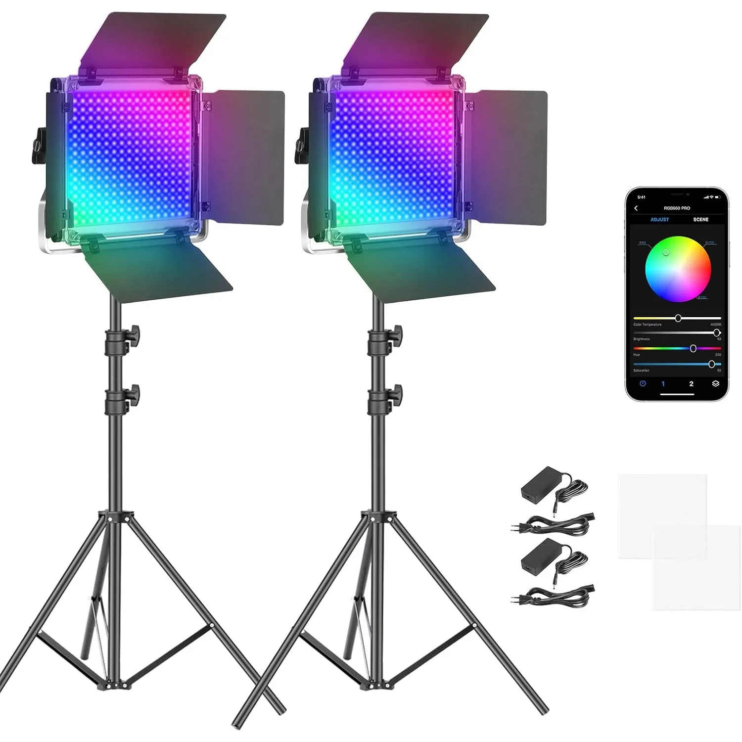 NEEWER 2 x 660 PRO RGB LED Videoleuchte Panel mit Stativ Ständer Set App Steuerung 360° Vollfarbe Videolicht 50W Dimmba…